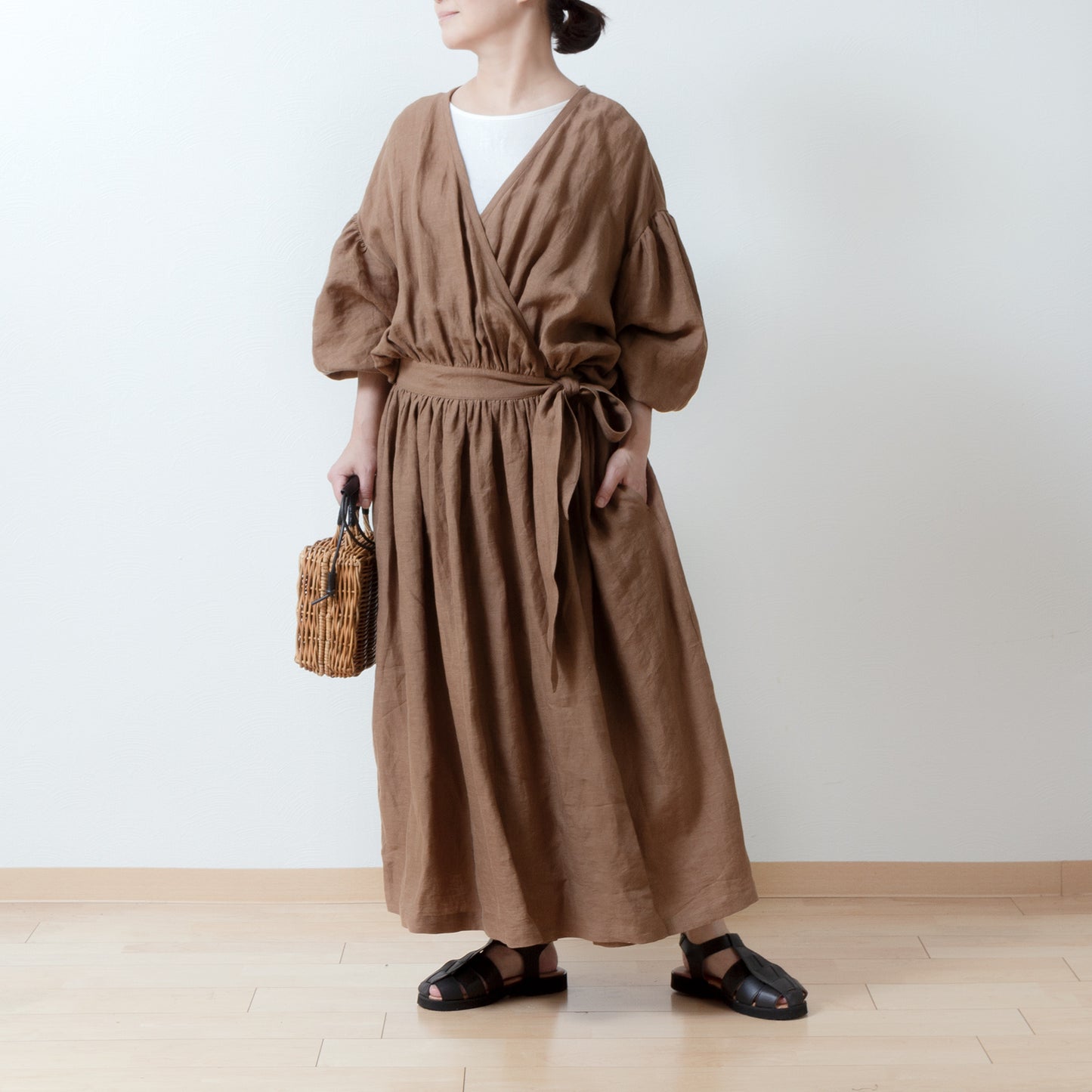 Cache-Coeur 褶皺兩用洋裝 - 法國亞麻/駝色