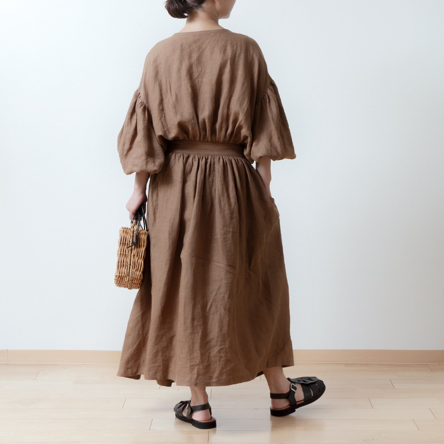 Cache-Coeur 褶皺兩用洋裝 - 法國亞麻/駝色