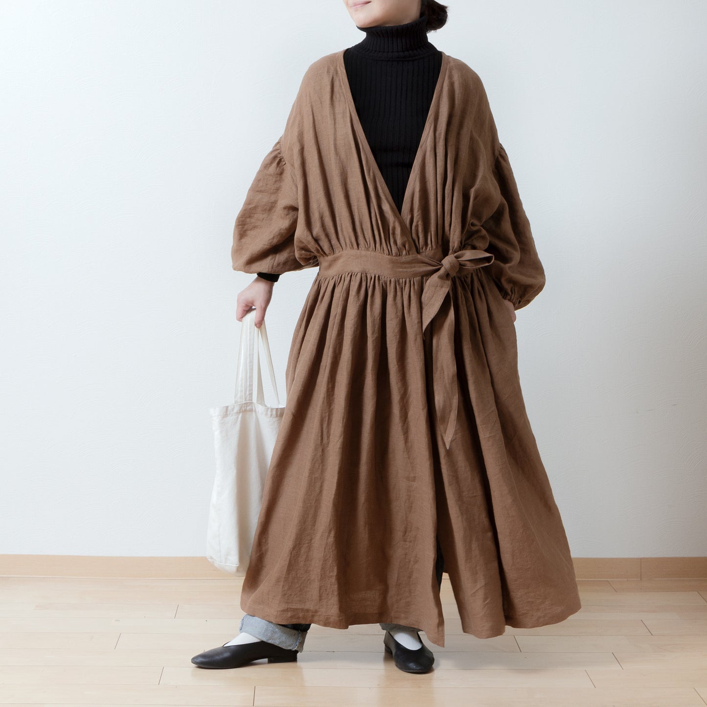 Cache-Coeur 褶皺兩用洋裝 - 法國亞麻/駝色