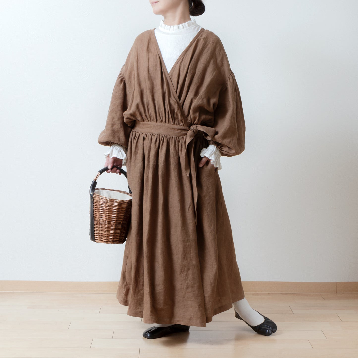 Cache-Coeur 褶皺兩用洋裝 - 法國亞麻/駝色