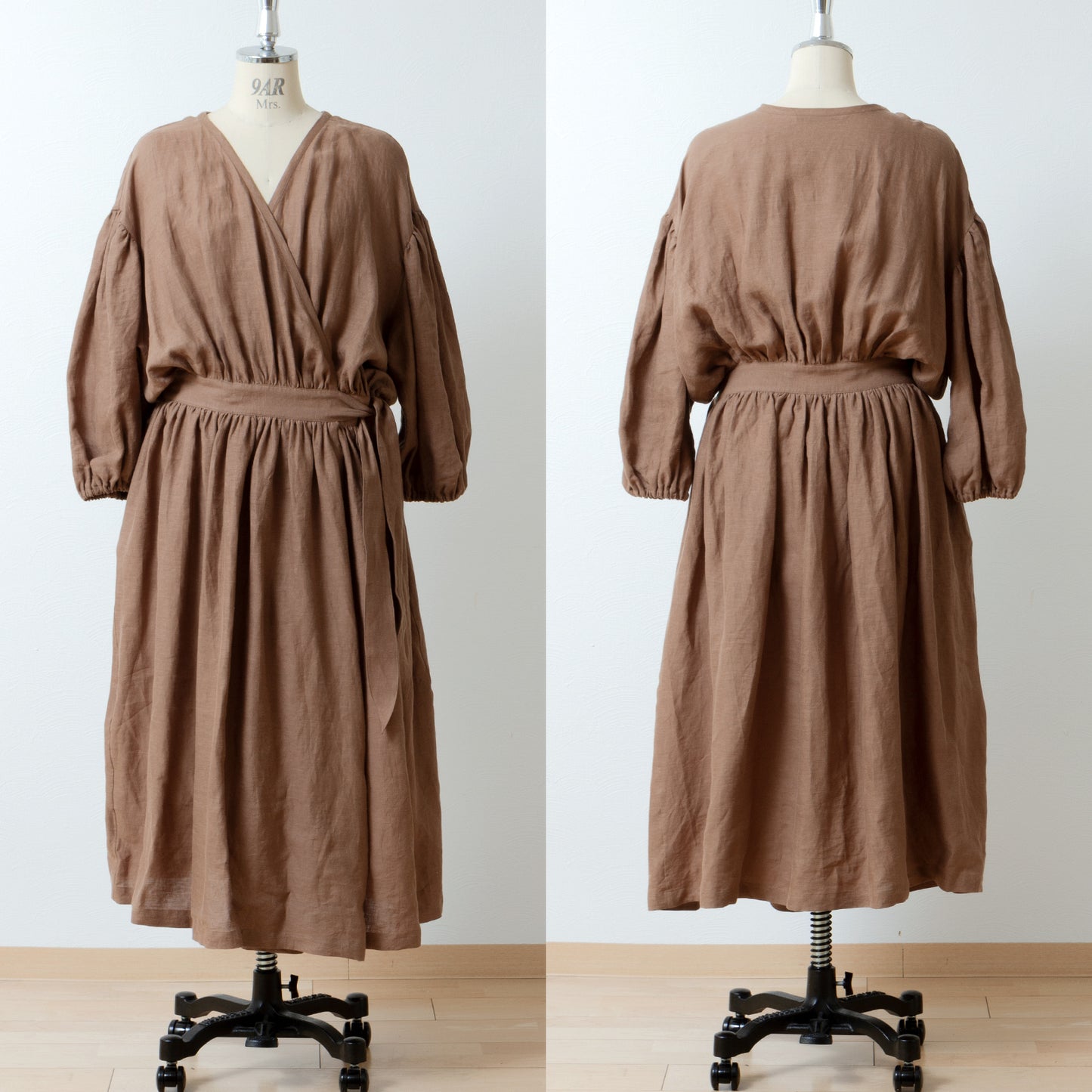Cache-Coeur 褶皺兩用洋裝 - 法國亞麻/駝色