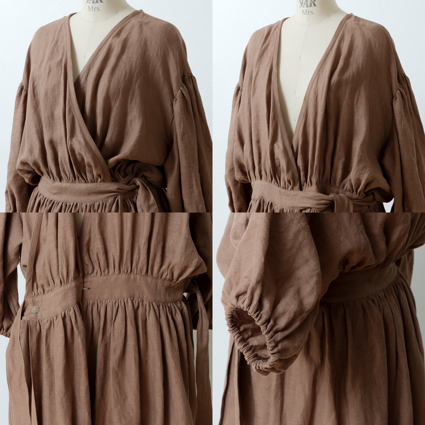 Cache-Coeur 褶皺兩用洋裝 - 法國亞麻/駝色
