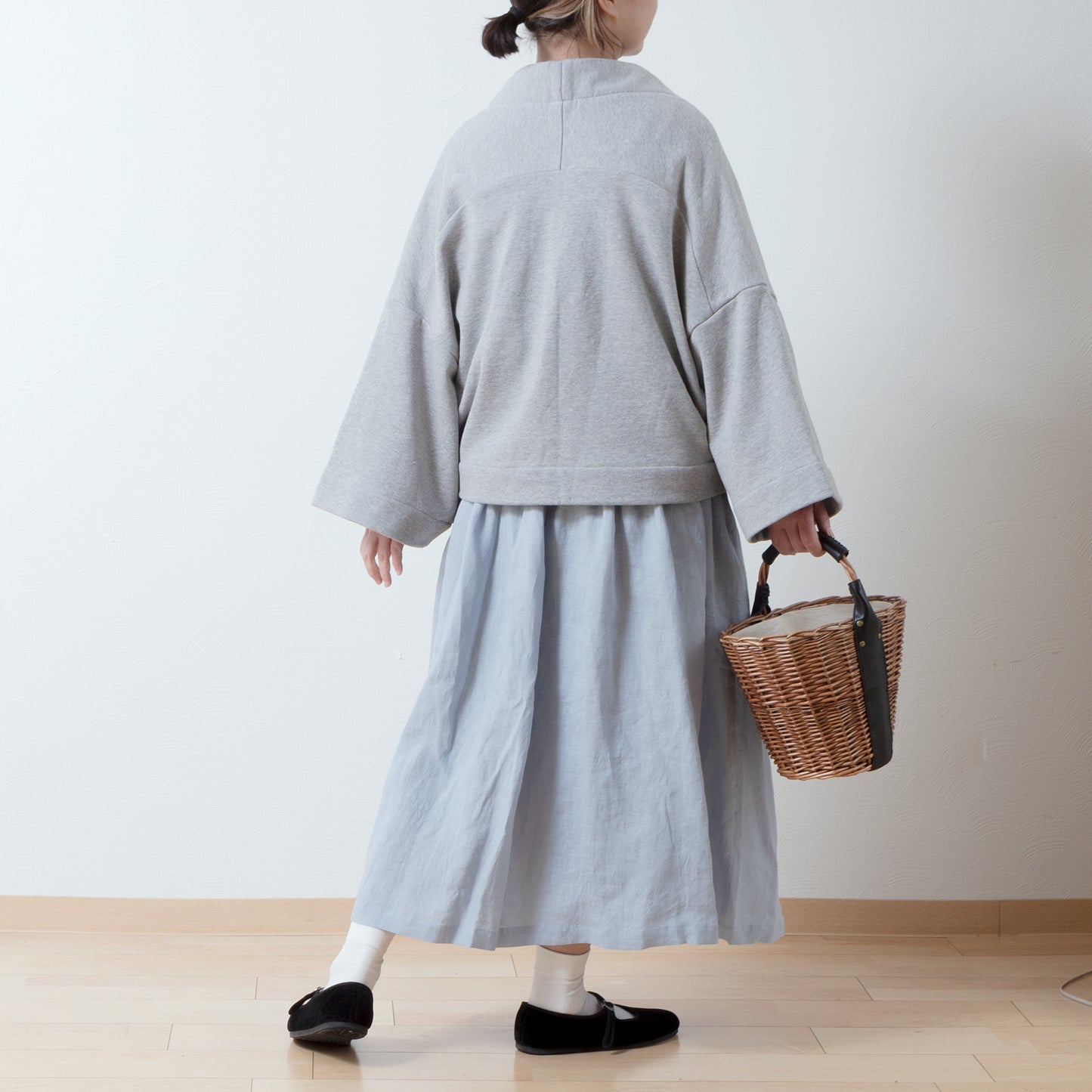 Cotton fleece half shawl cardigan with ribbon tape/Top gray