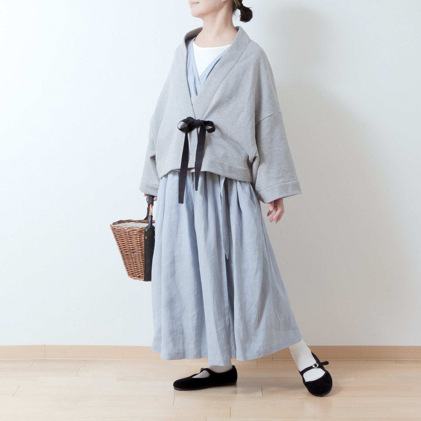Cotton fleece half shawl cardigan with ribbon tape/Top gray