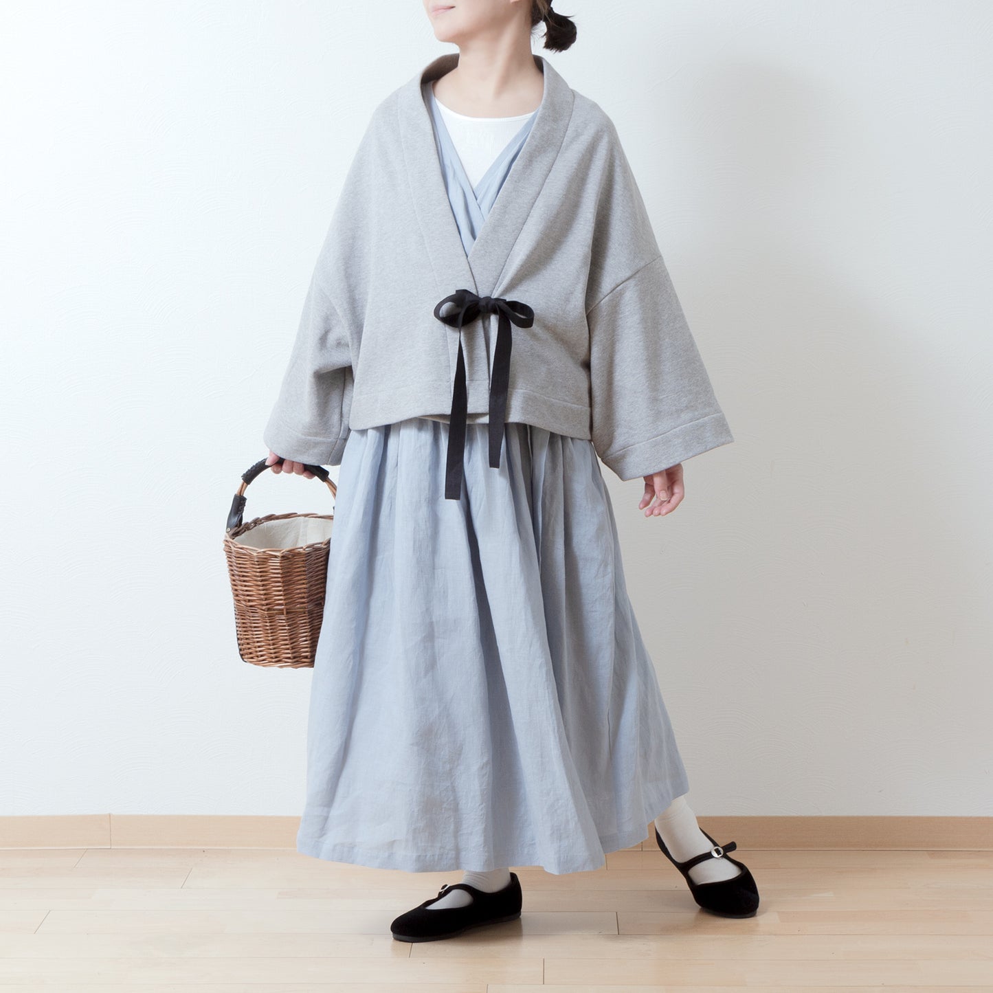 Cotton fleece half shawl cardigan with ribbon tape/Top gray
