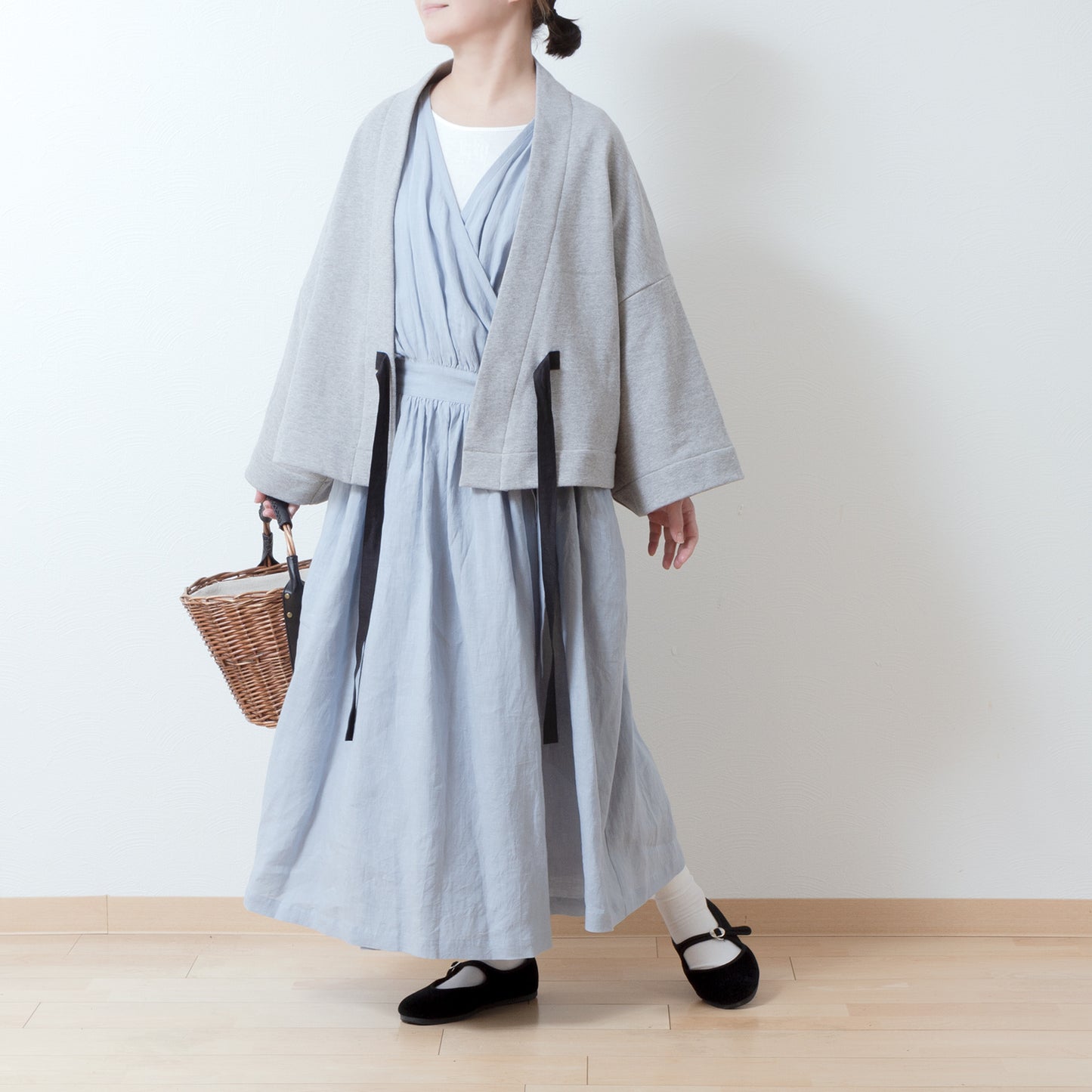 Cotton fleece half shawl cardigan with ribbon tape/Top gray