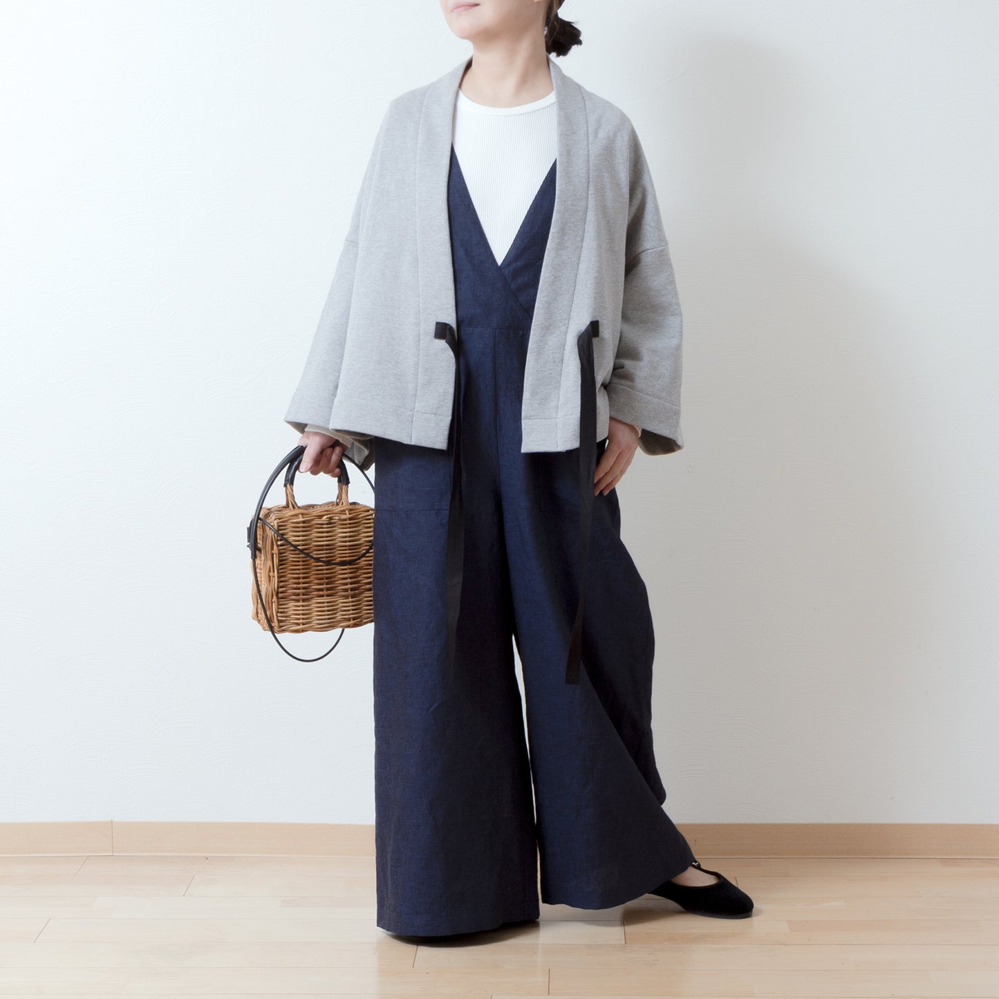 Cotton fleece half shawl cardigan with ribbon tape/Top gray