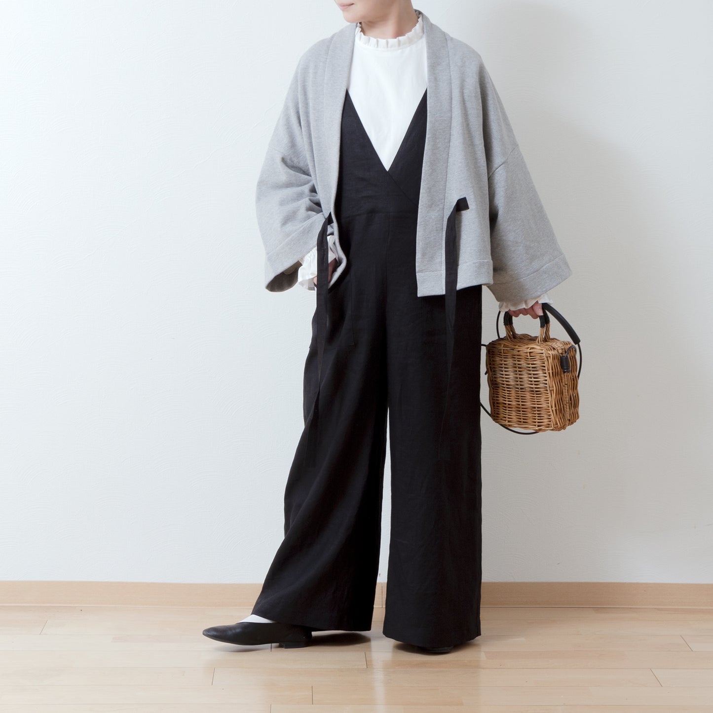 Cotton fleece half shawl cardigan with ribbon tape/Top gray