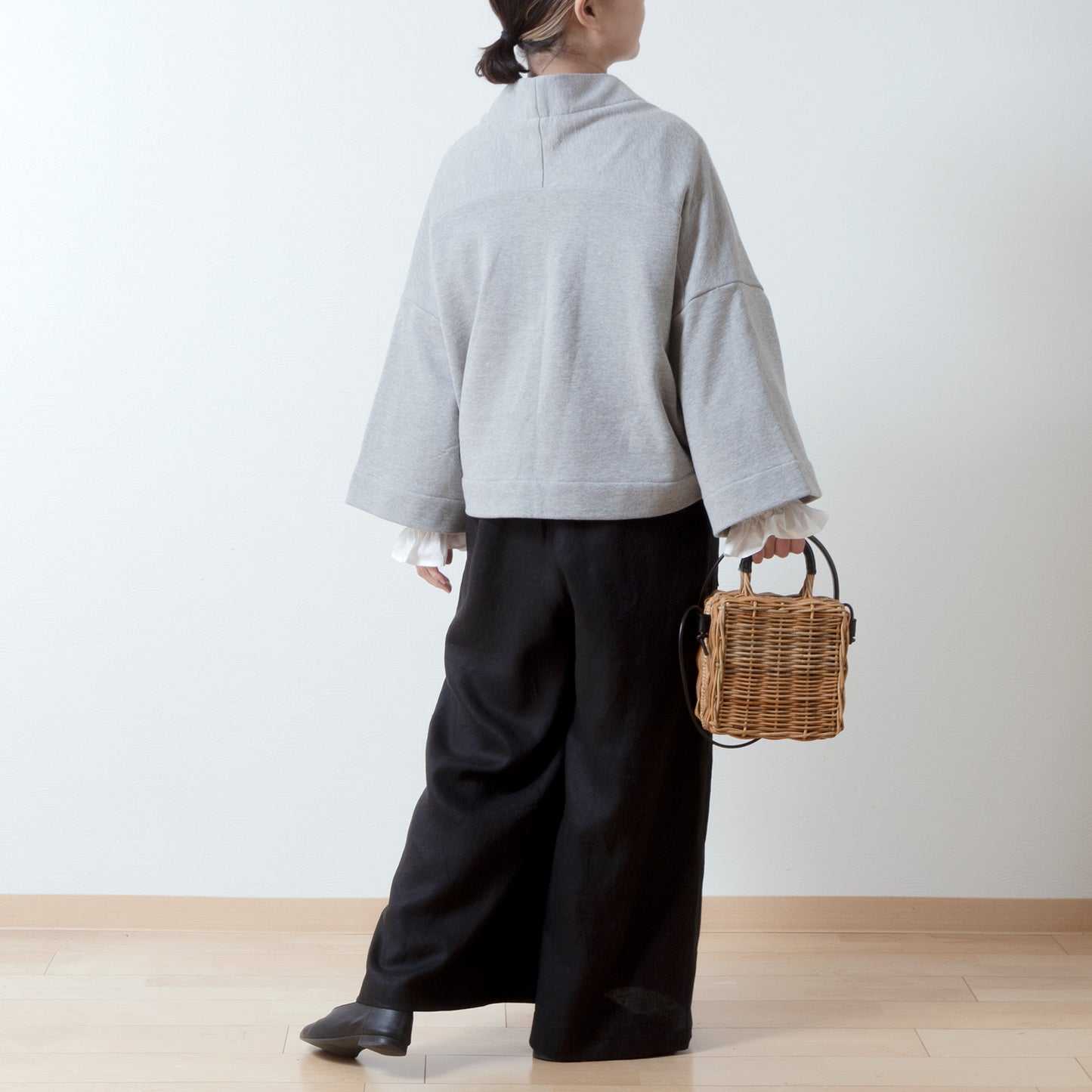 Cotton fleece half shawl cardigan with ribbon tape/Top gray