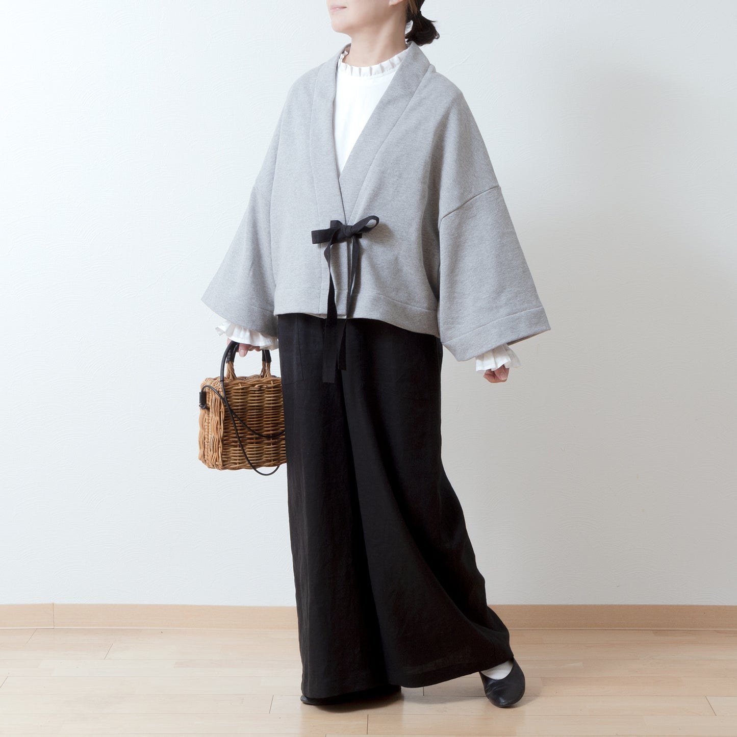 Cotton fleece half shawl cardigan with ribbon tape/Top gray
