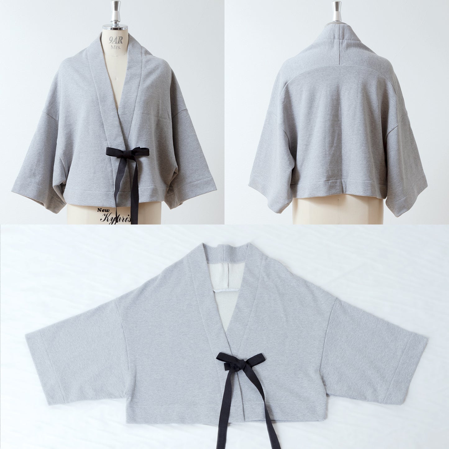 Cotton fleece half shawl cardigan with ribbon tape/Top gray