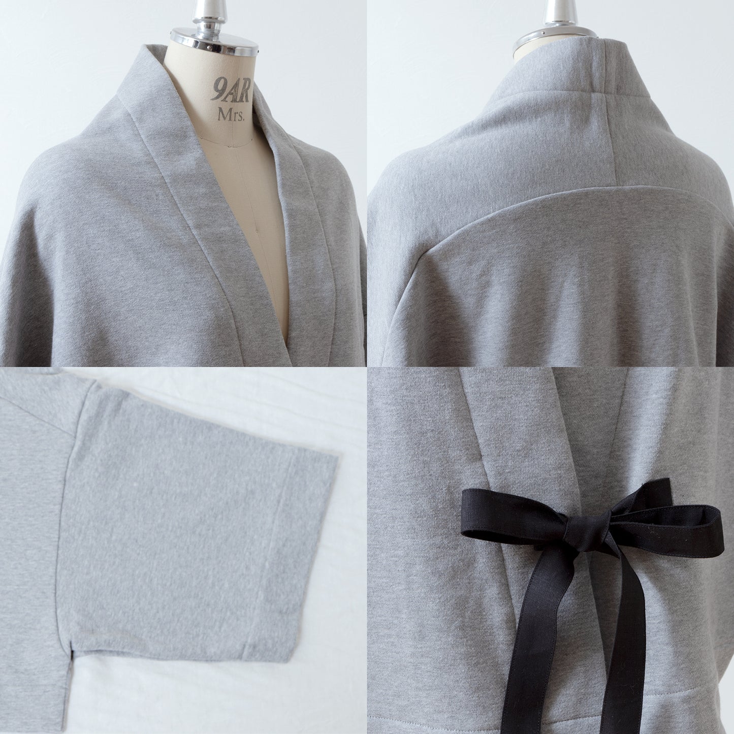 Cotton fleece half shawl cardigan with ribbon tape/Top gray