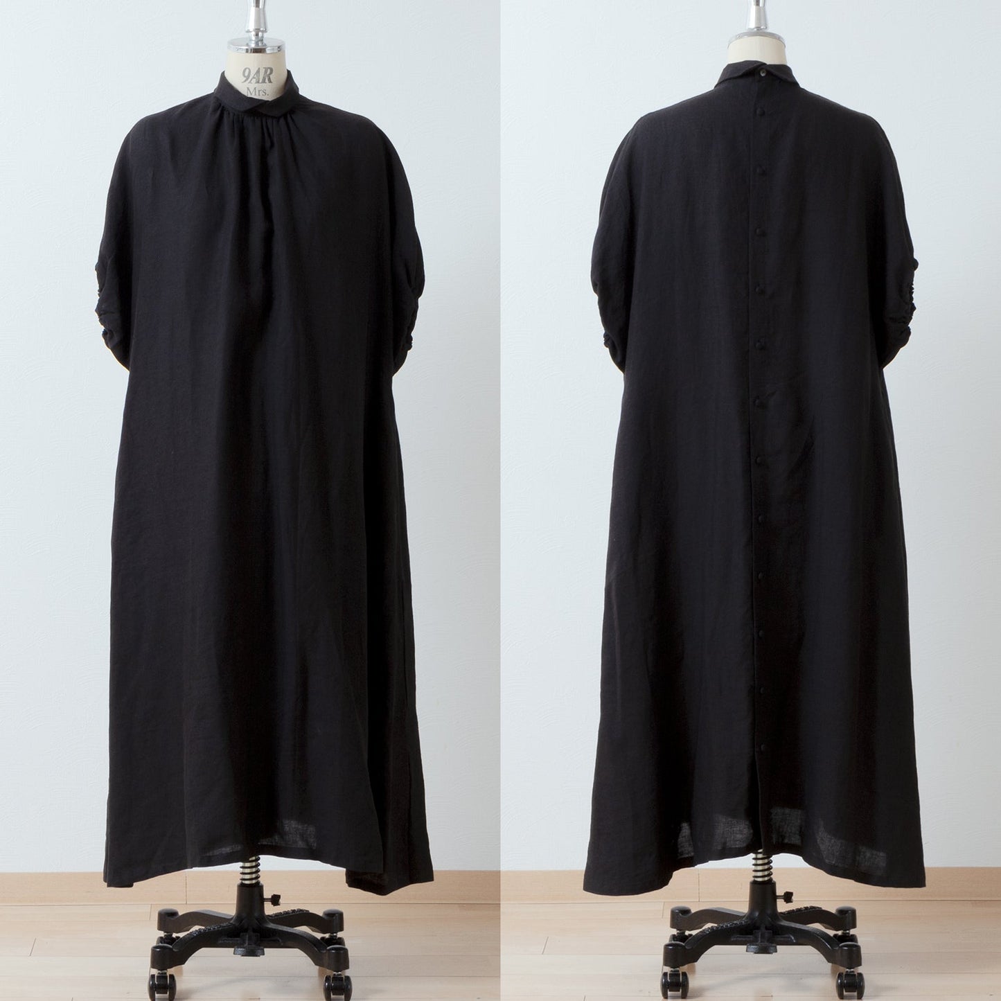 Clerical collar is elegant and cute for adults. Back covered button, voluminous 5/4 sleeve French linen A-line dress / Purple Navy Clerical