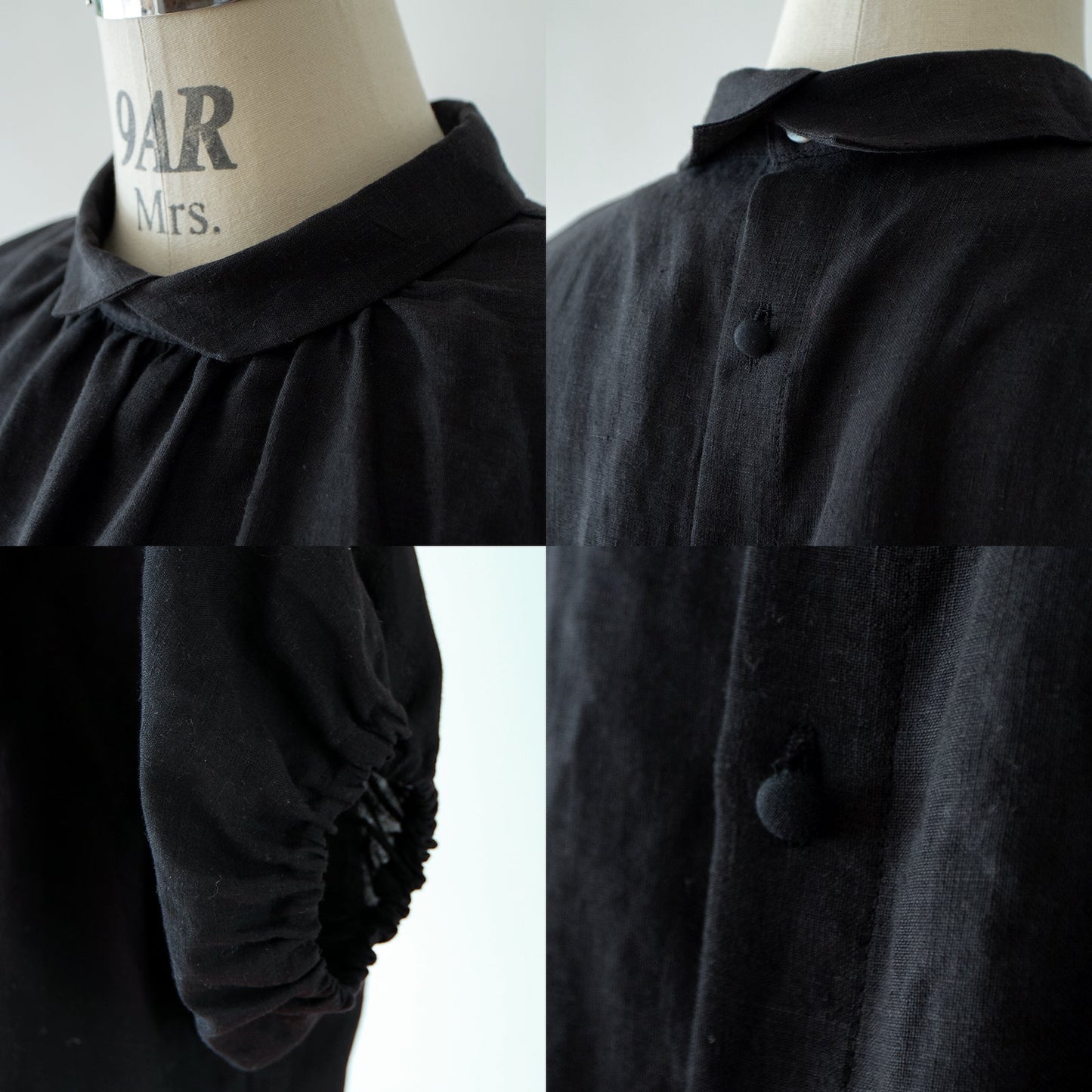 Clerical collar is elegant and cute for adults. Back covered button, voluminous 5/4 sleeve French linen A-line dress / Purple Navy Clerical