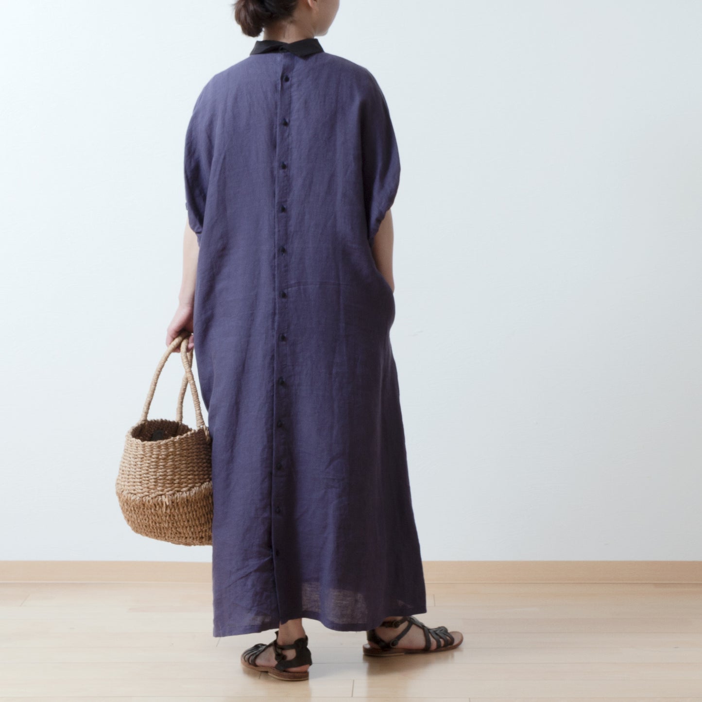 Clerical collar is elegant and cute for adults. Back covered button, voluminous 5/4 sleeve French linen A-line dress / Purple Navy Clerical