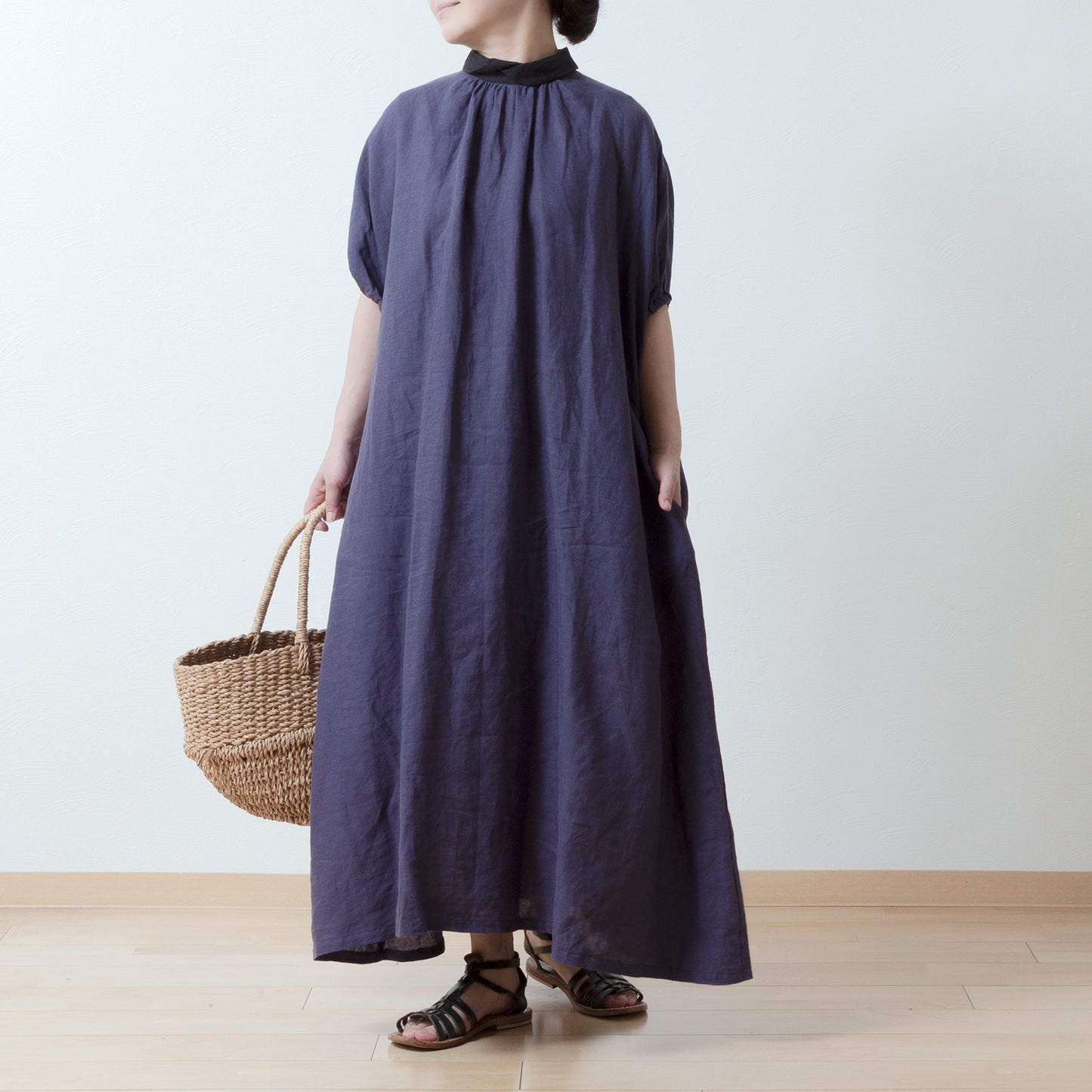 Clerical collar is elegant and cute for adults. Back covered button, voluminous 5/4 sleeve French linen A-line dress / Purple Navy Clerical