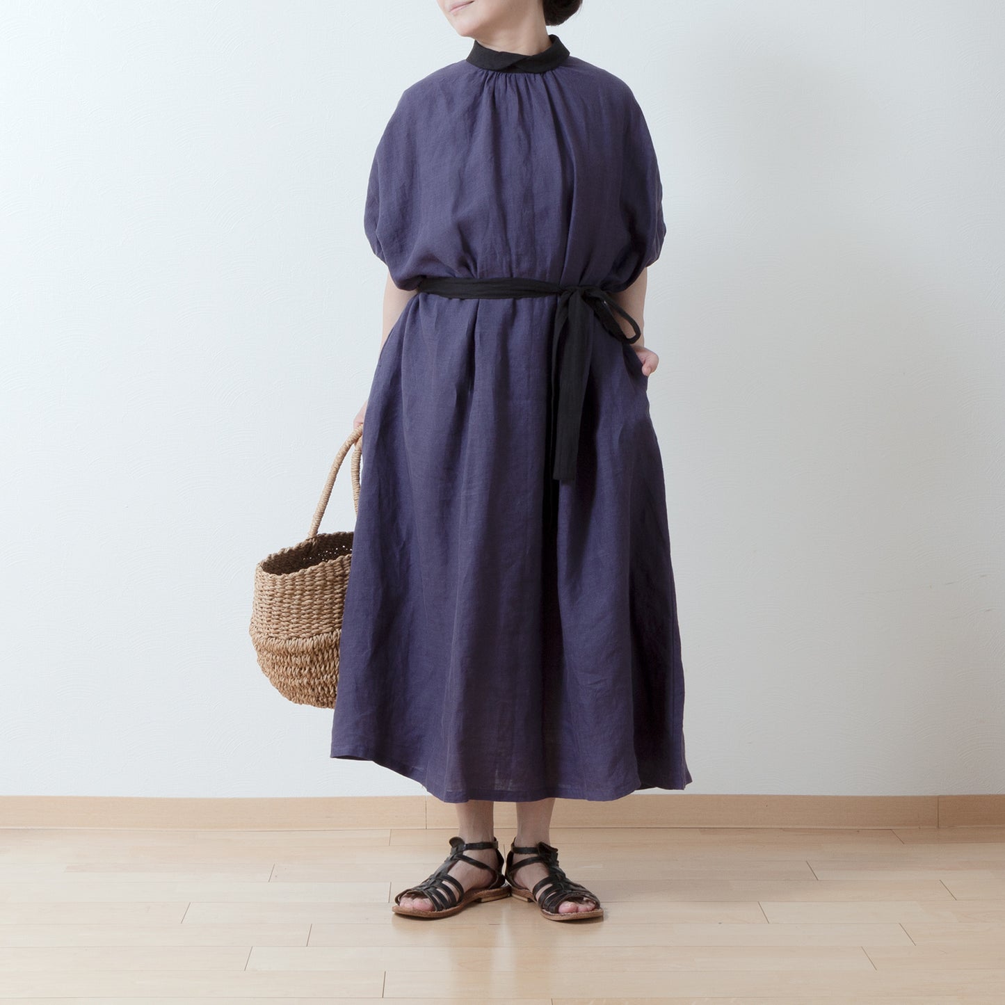 Clerical collar is elegant and cute for adults. Back covered button, voluminous 5/4 sleeve French linen A-line dress / Purple Navy Clerical