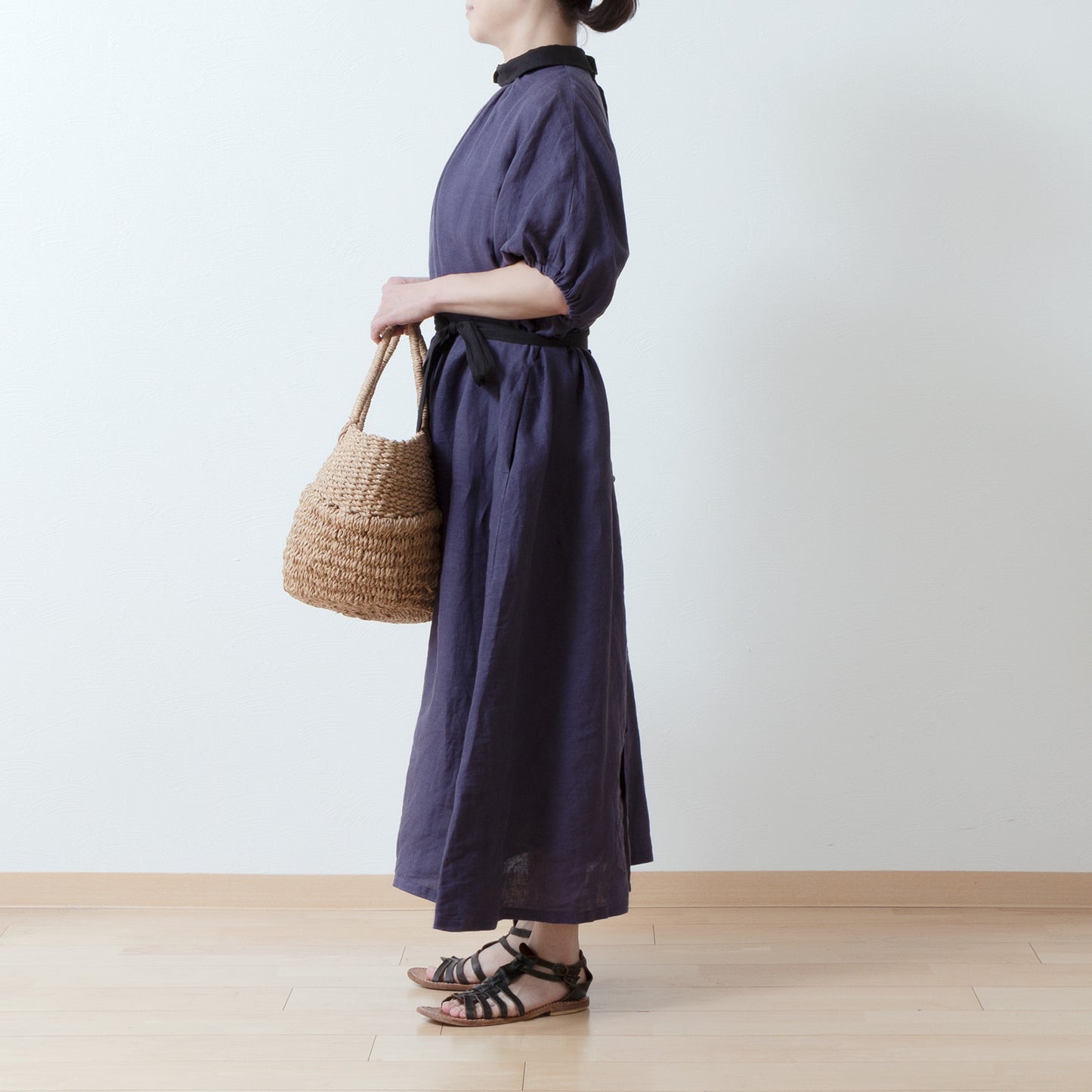 Clerical collar is elegant and cute for adults. Back covered button, voluminous 5/4 sleeve French linen A-line dress / Purple Navy Clerical