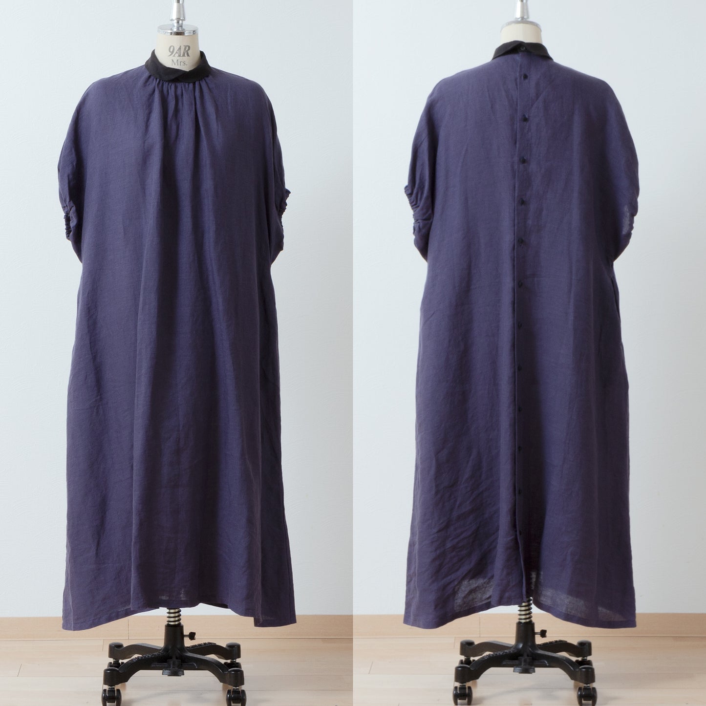 Clerical collar is elegant and cute for adults. Back covered button, voluminous 5/4 sleeve French linen A-line dress / Purple Navy Clerical
