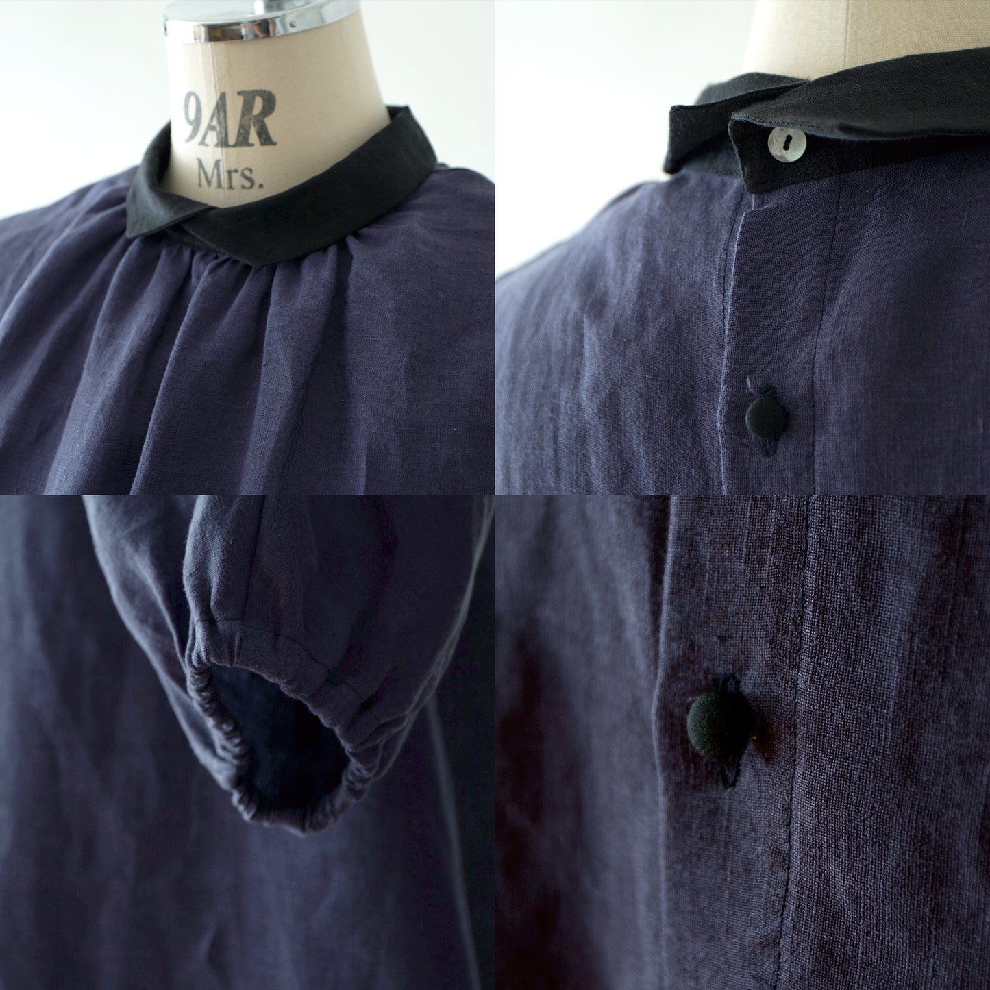 Clerical collar is elegant and cute for adults. Back covered button, voluminous 5/4 sleeve French linen A-line dress / Purple Navy Clerical