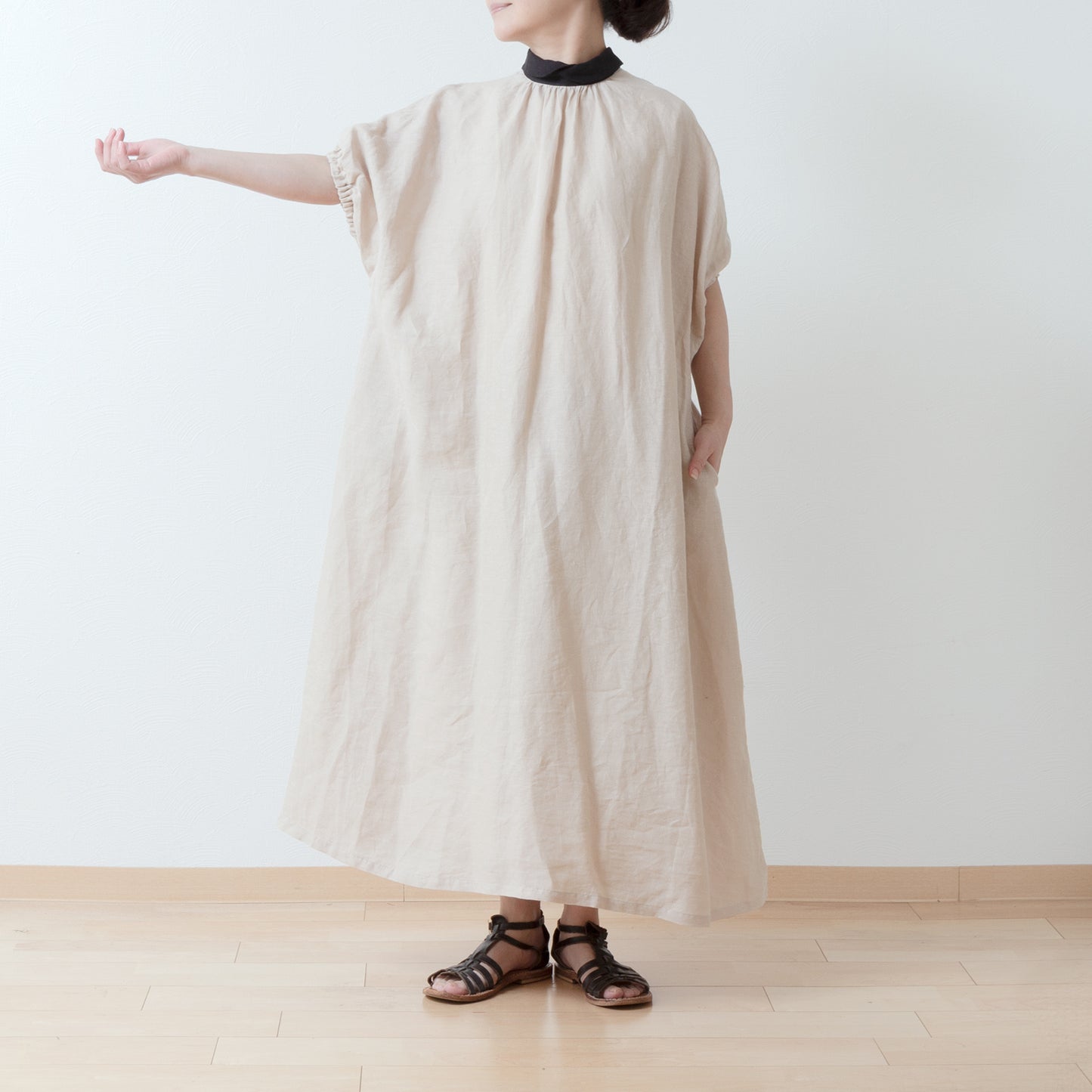A classy and cute clerical collar with a back button and voluminous 5/4 sleeve French linen A-line dress / Beige Clerical