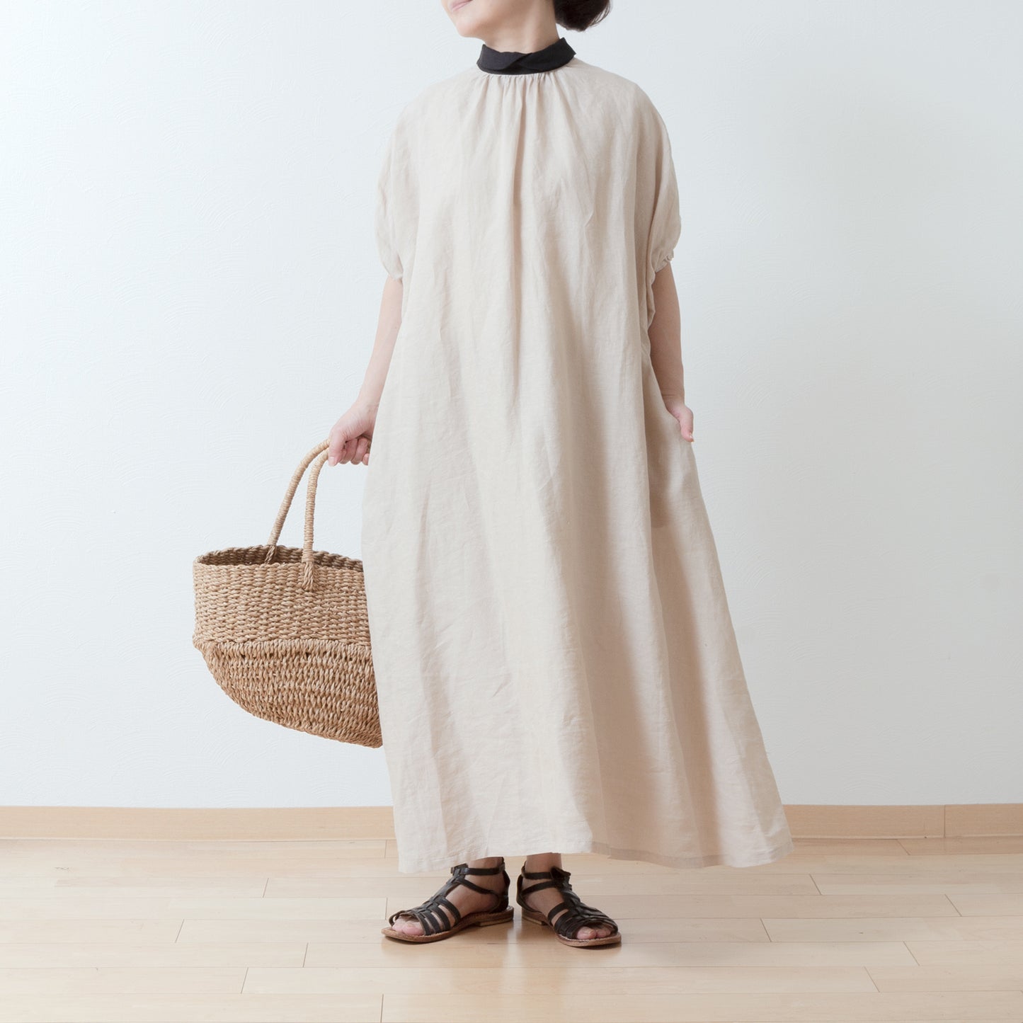 A classy and cute clerical collar with a back button and voluminous 5/4 sleeve French linen A-line dress / Beige Clerical