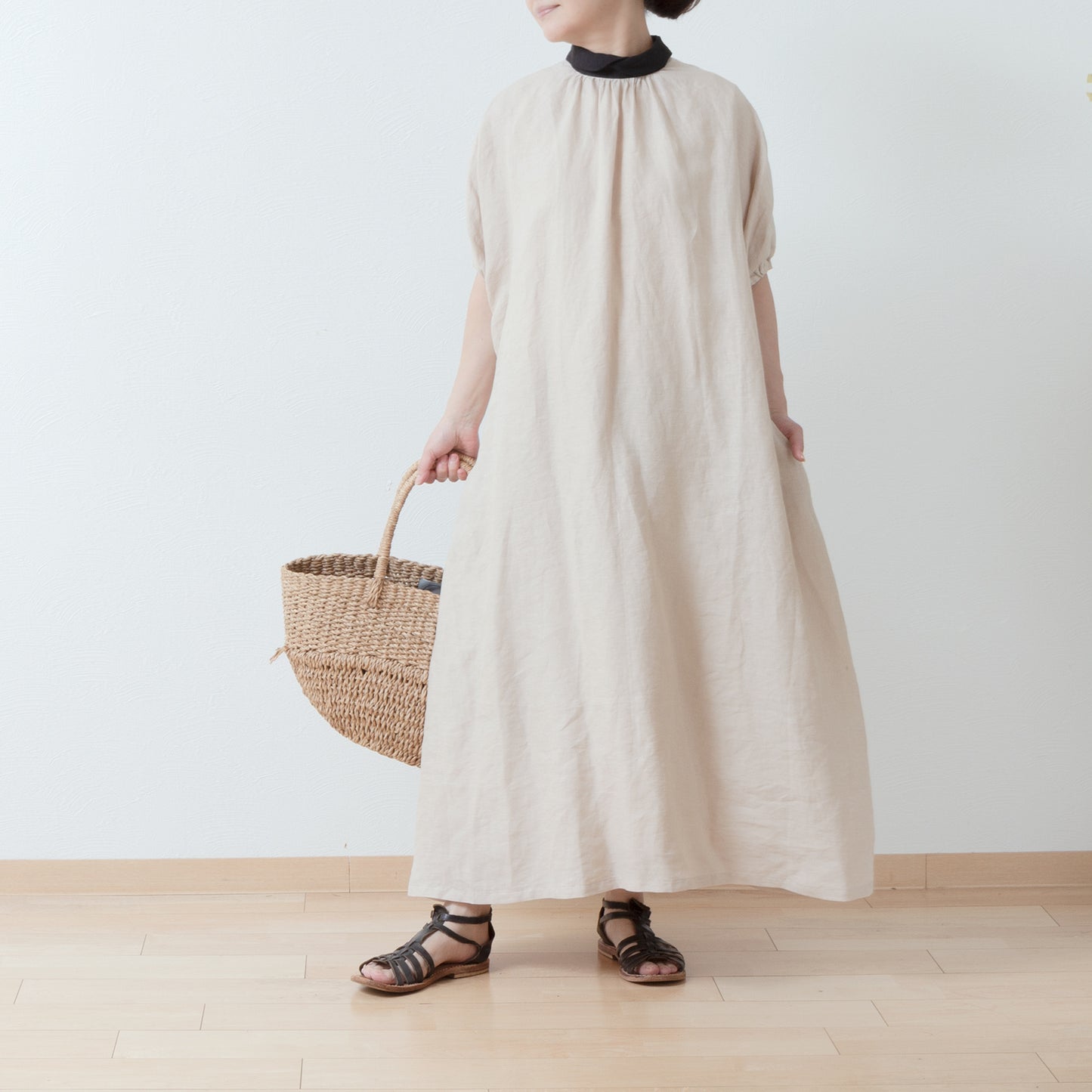 A classy and cute clerical collar with a back button and voluminous 5/4 sleeve French linen A-line dress / Beige Clerical