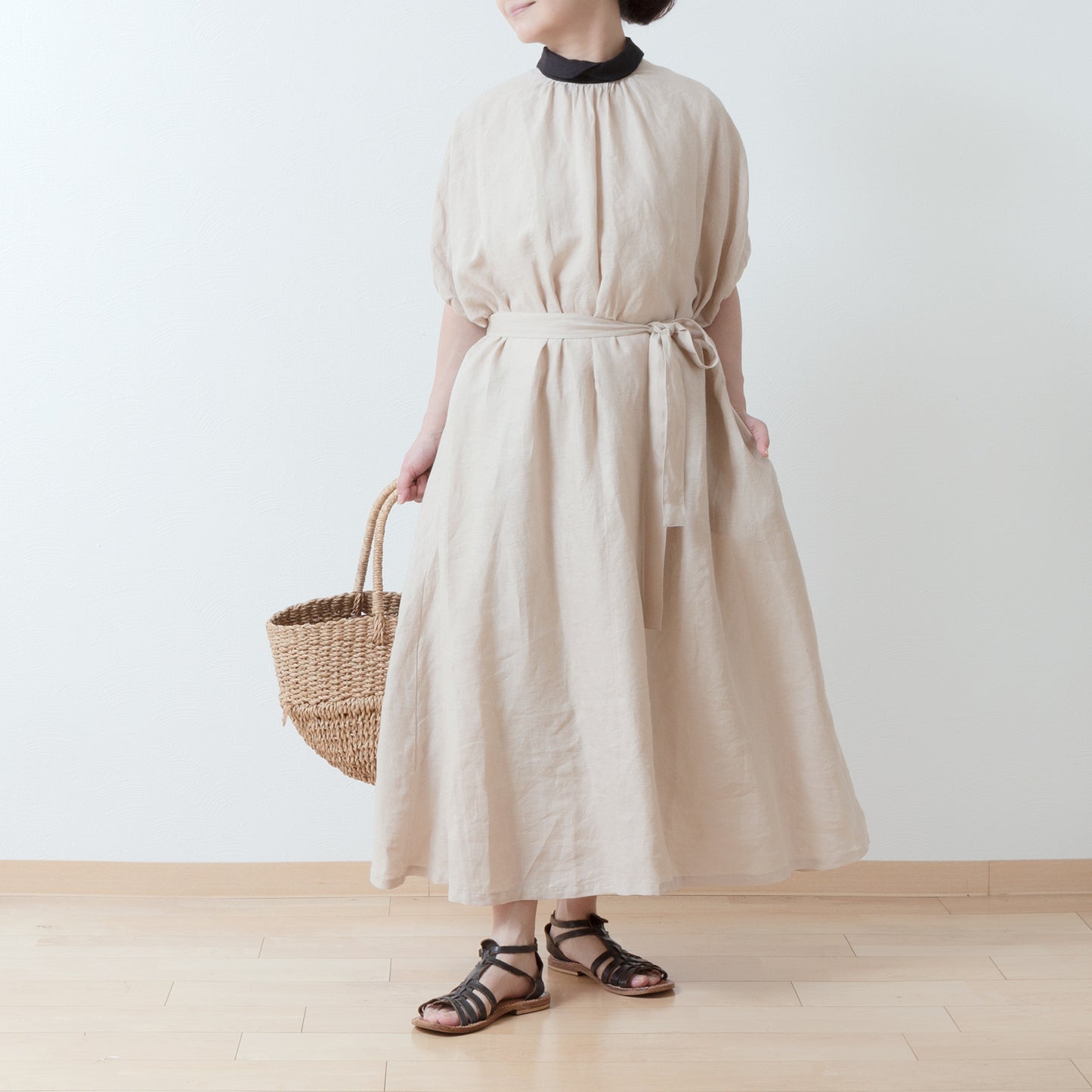 A classy and cute clerical collar with a back button and voluminous 5/4 sleeve French linen A-line dress / Beige Clerical