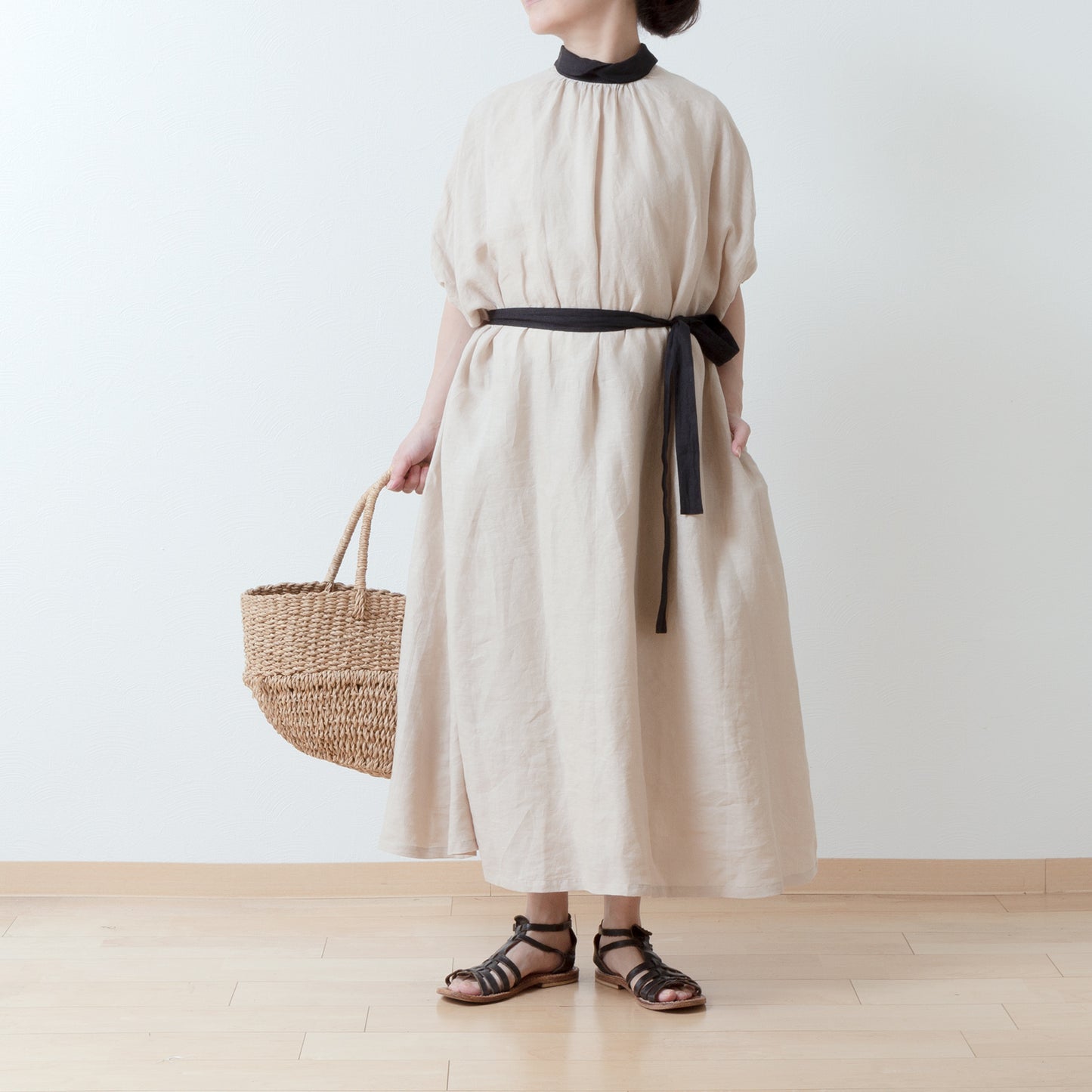A classy and cute clerical collar with a back button and voluminous 5/4 sleeve French linen A-line dress / Beige Clerical