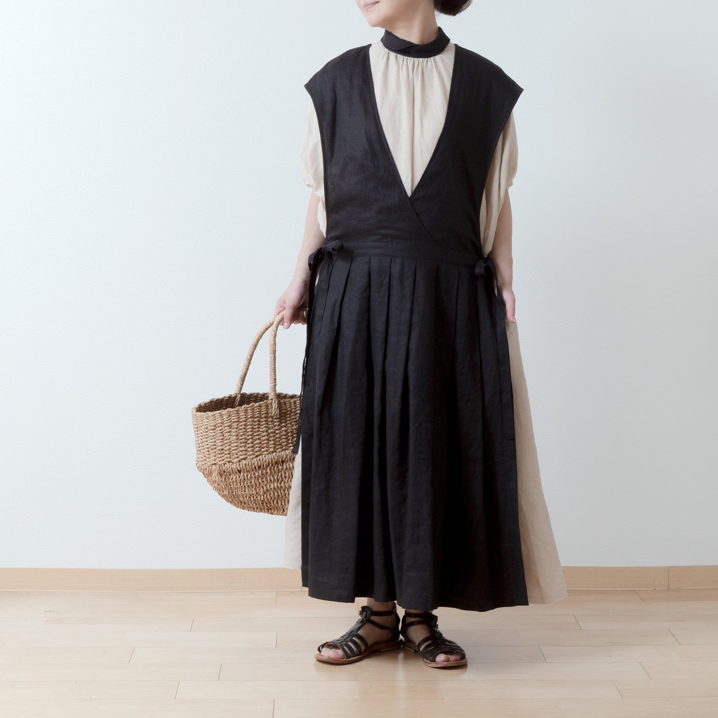 A classy and cute clerical collar with a back button and voluminous 5/4 sleeve French linen A-line dress / Beige Clerical