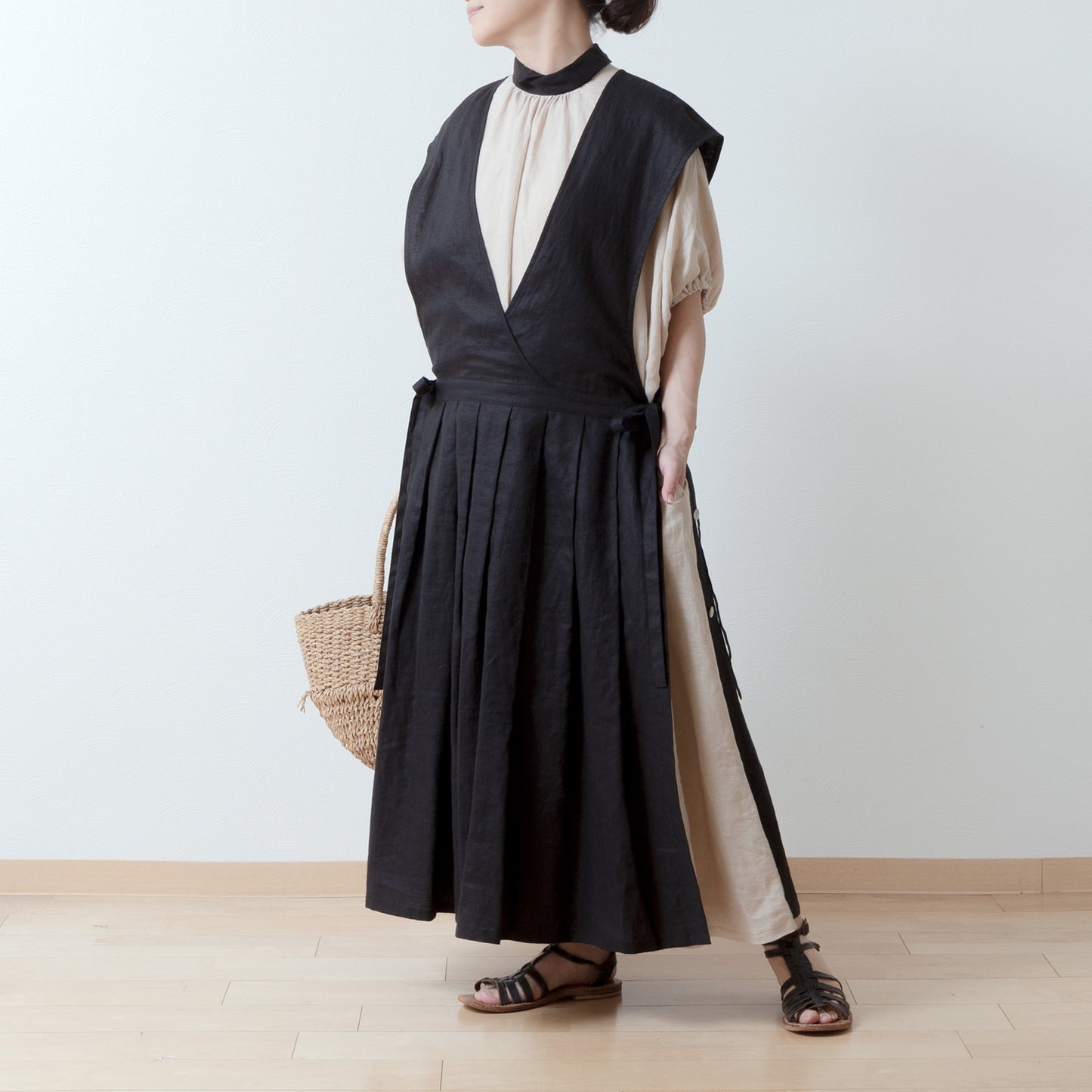A classy and cute clerical collar with a back button and voluminous 5/4 sleeve French linen A-line dress / Beige Clerical