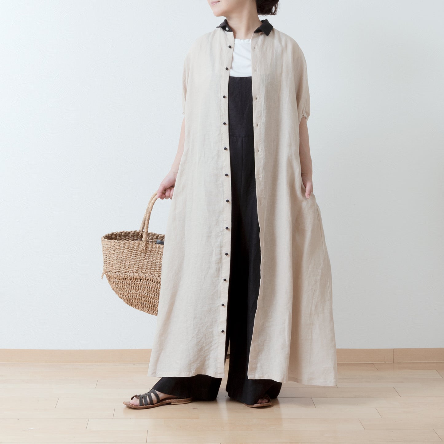 A classy and cute clerical collar with a back button and voluminous 5/4 sleeve French linen A-line dress / Beige Clerical