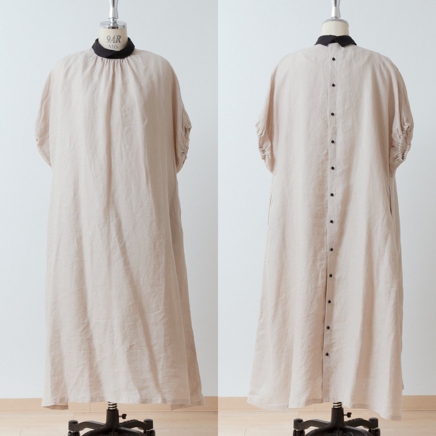 A classy and cute clerical collar with a back button and voluminous 5/4 sleeve French linen A-line dress / Beige Clerical
