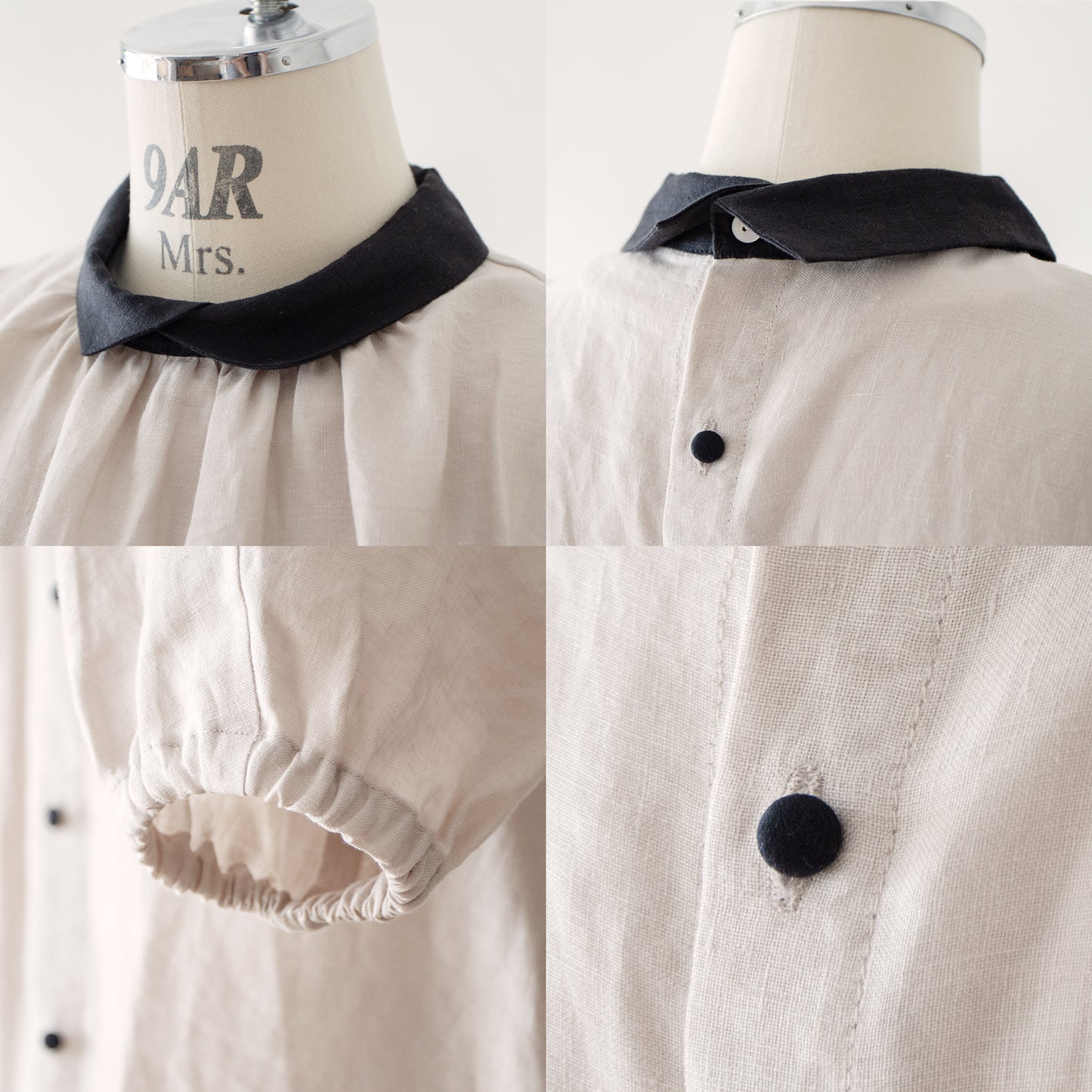 A classy and cute clerical collar with a back button and voluminous 5/4 sleeve French linen A-line dress / Beige Clerical