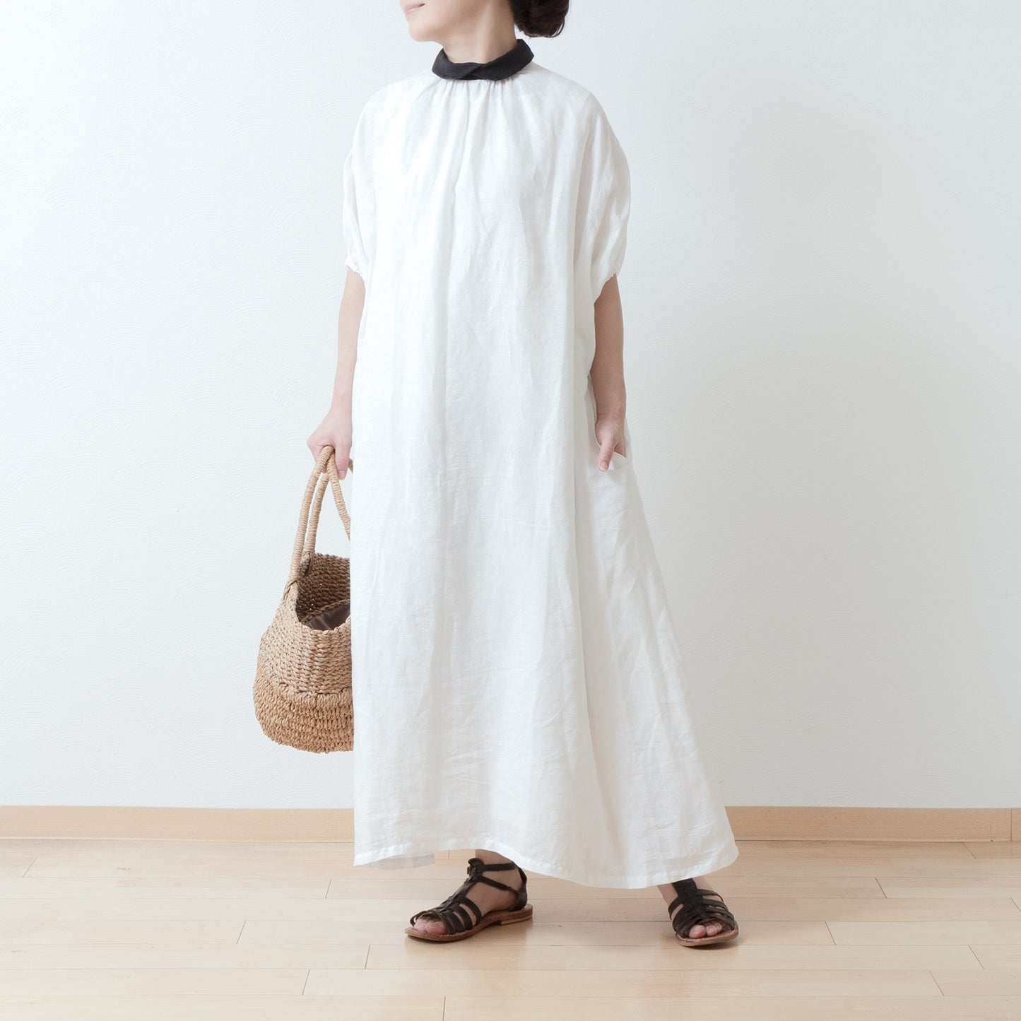 Clerical collar is elegant and cute for adults. Back covered button, voluminous 5/4 sleeve French linen A-line dress / White Clerical