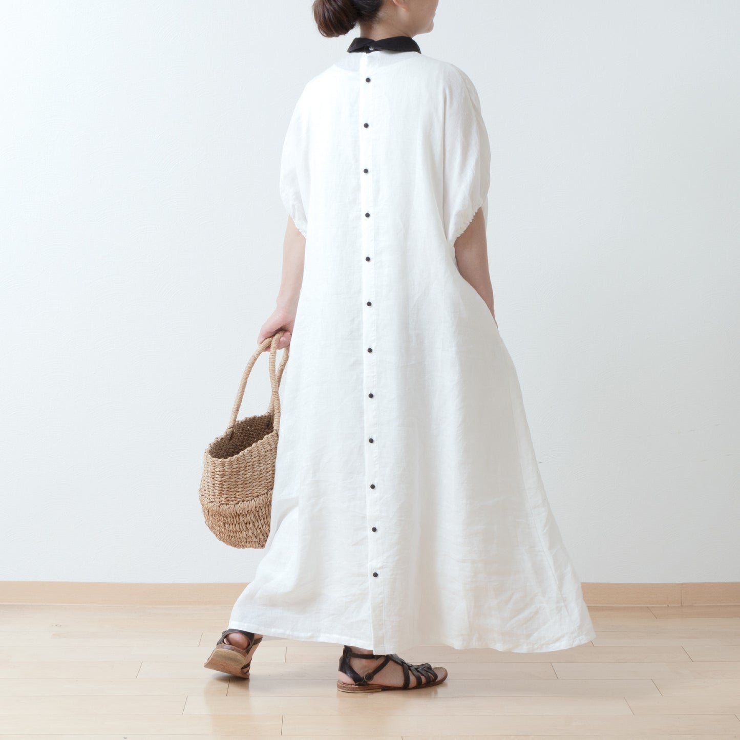 Clerical collar is elegant and cute for adults. Back covered button, voluminous 5/4 sleeve French linen A-line dress / White Clerical