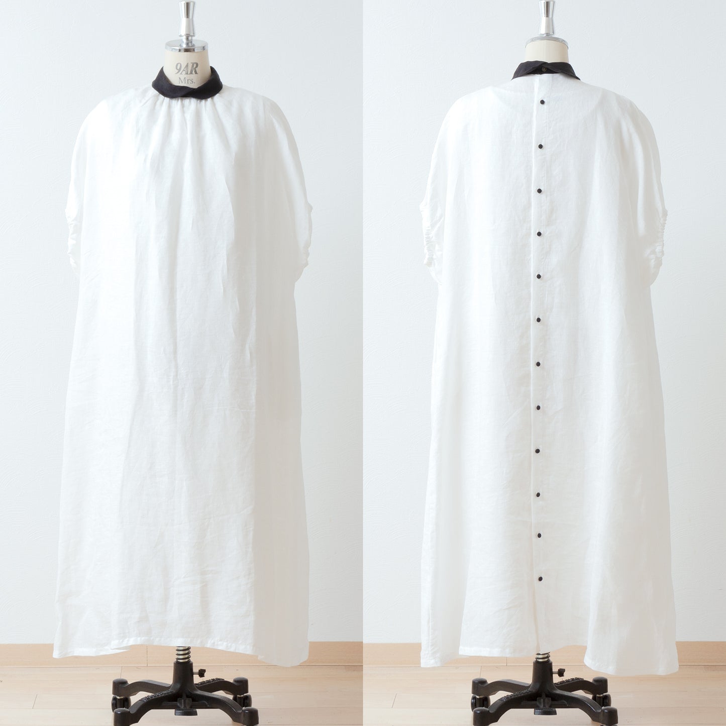 Clerical collar is elegant and cute for adults. Back covered button, voluminous 5/4 sleeve French linen A-line dress / White Clerical