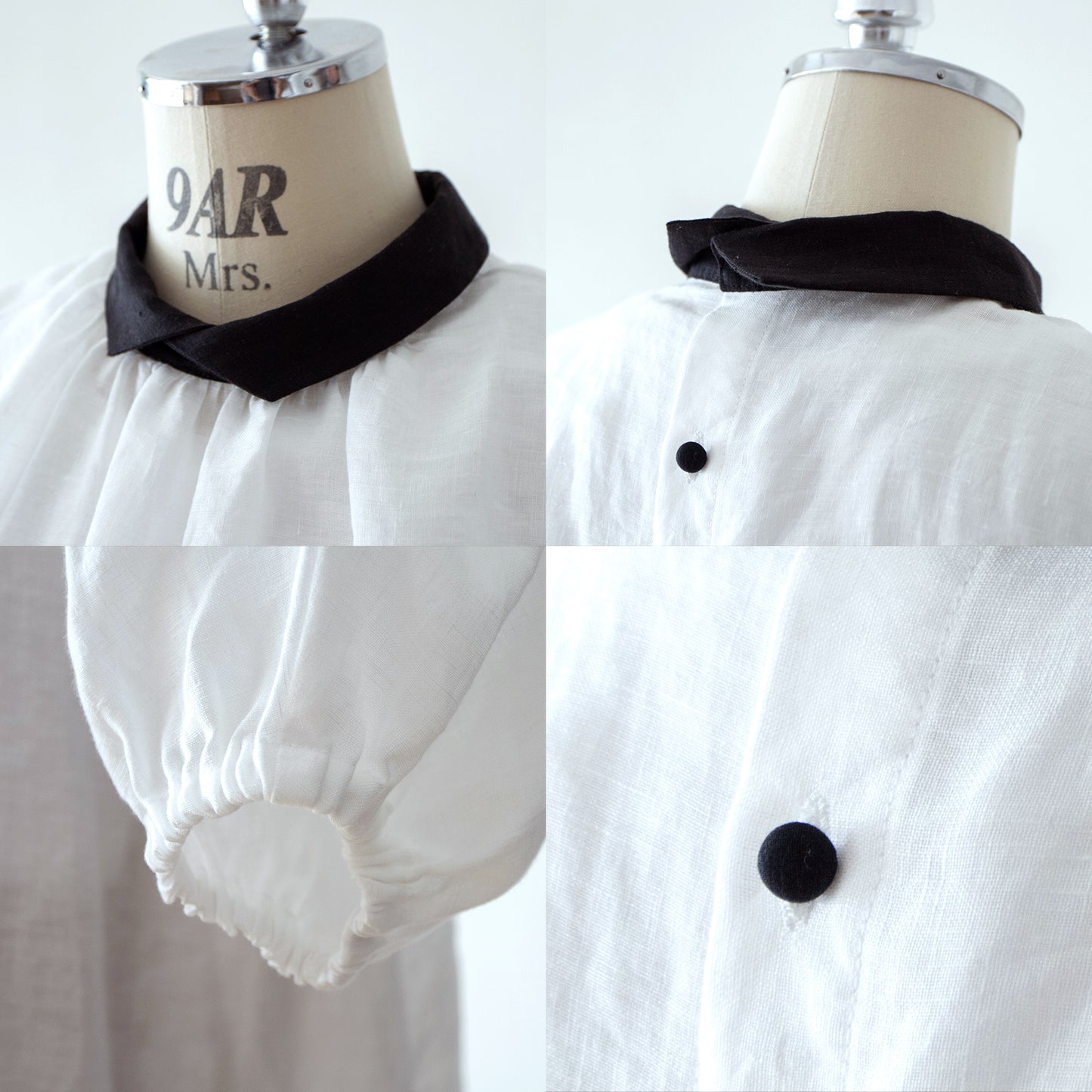 Clerical collar is elegant and cute for adults. Back covered button, voluminous 5/4 sleeve French linen A-line dress / White Clerical