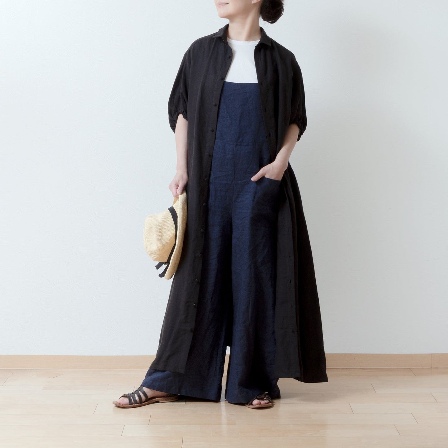 Clerical collar is elegant and cute for adults. Back covered button, voluminous 5/4 sleeve French linen A-line dress / Purple Navy Clerical