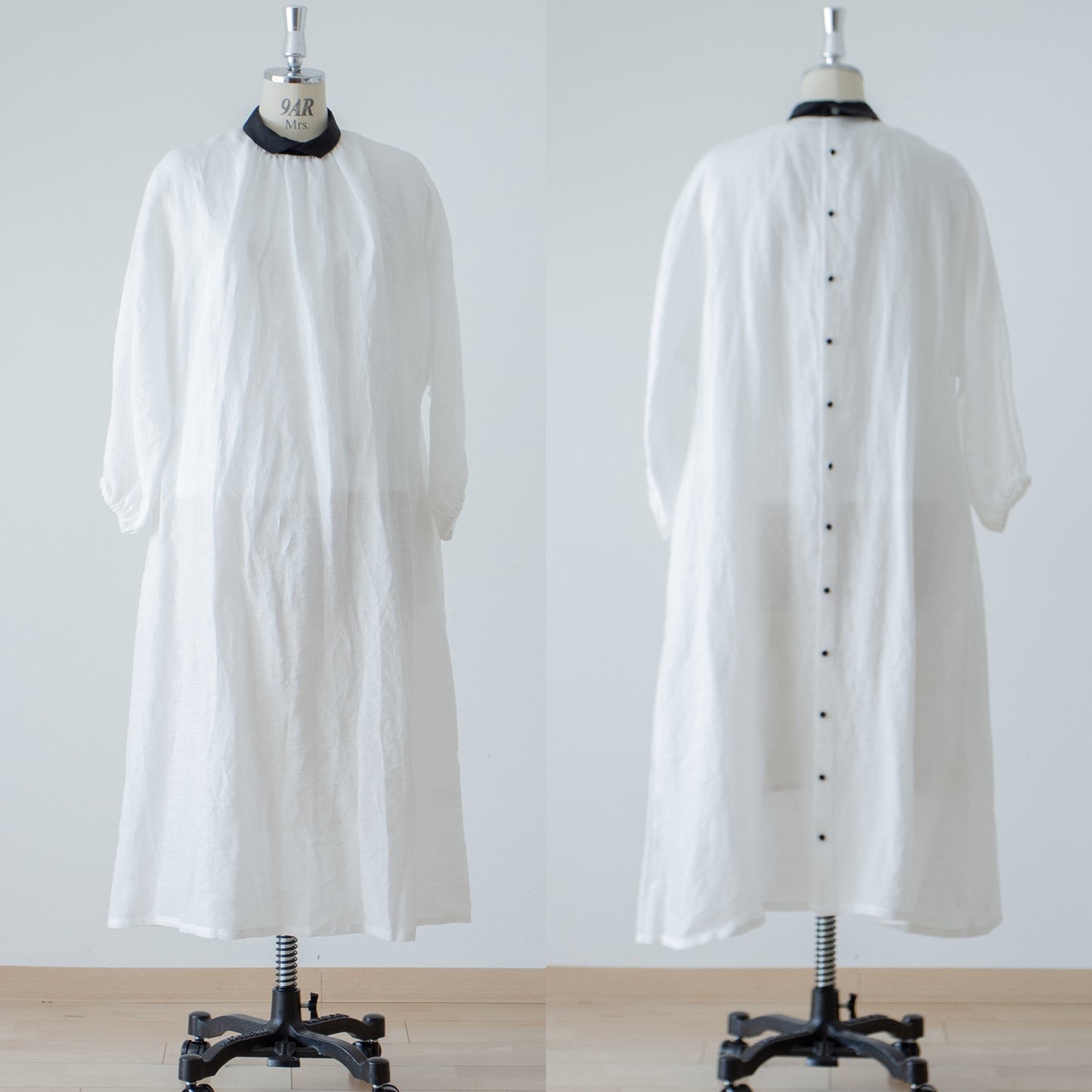 A classy and cute French linen A-line dress with clerical collar, voluminous sleeves and back covered buttons / White Clerical