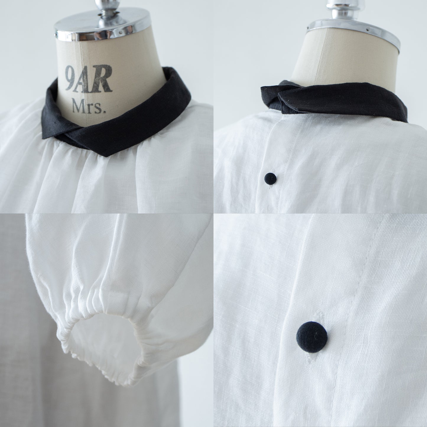 A classy and cute French linen A-line dress with clerical collar, voluminous sleeves and back covered buttons / White Clerical