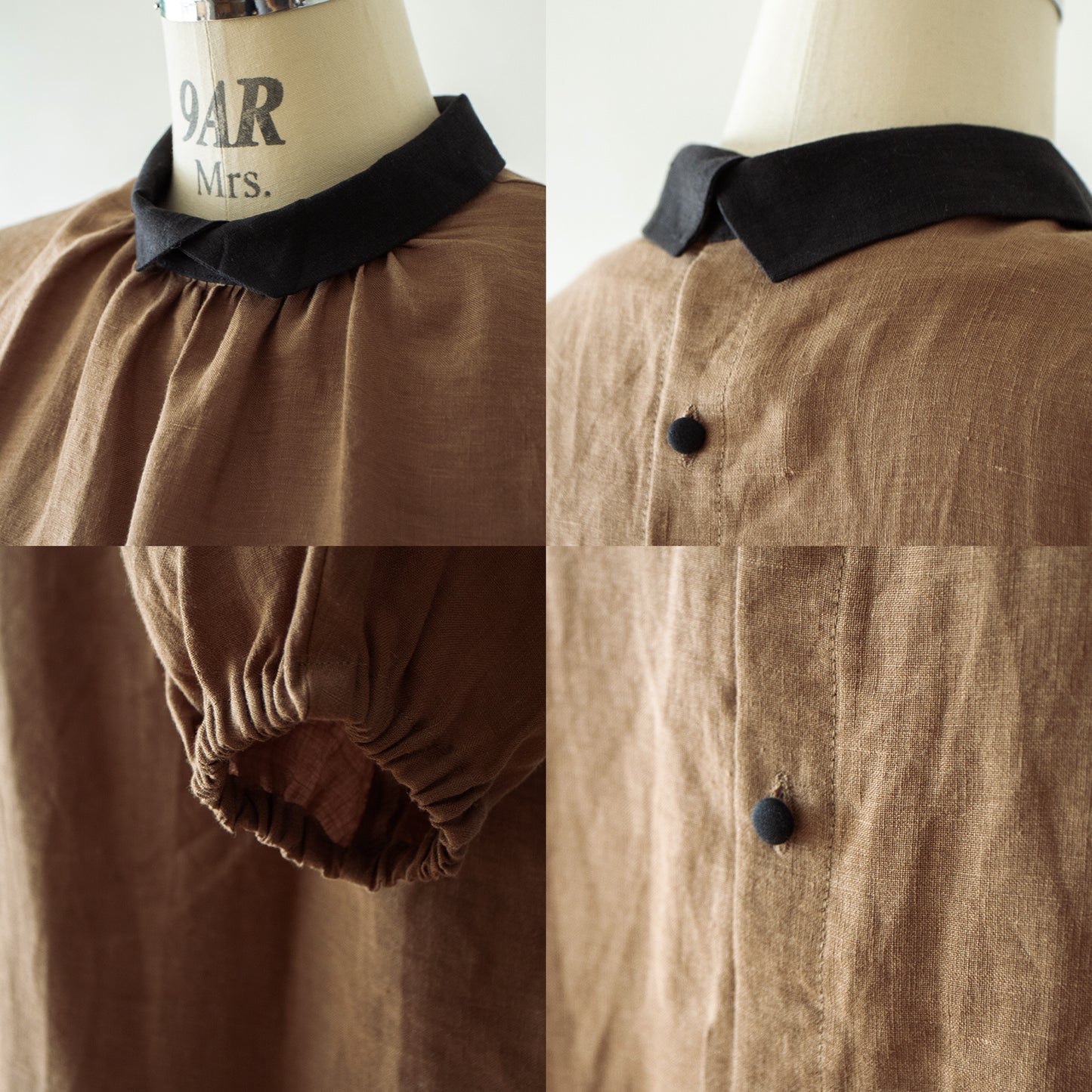 優雅成熟可愛的牧師領,背面有紐扣,袖子寬大,採用法國亞麻 A 字裙/駝色牧師