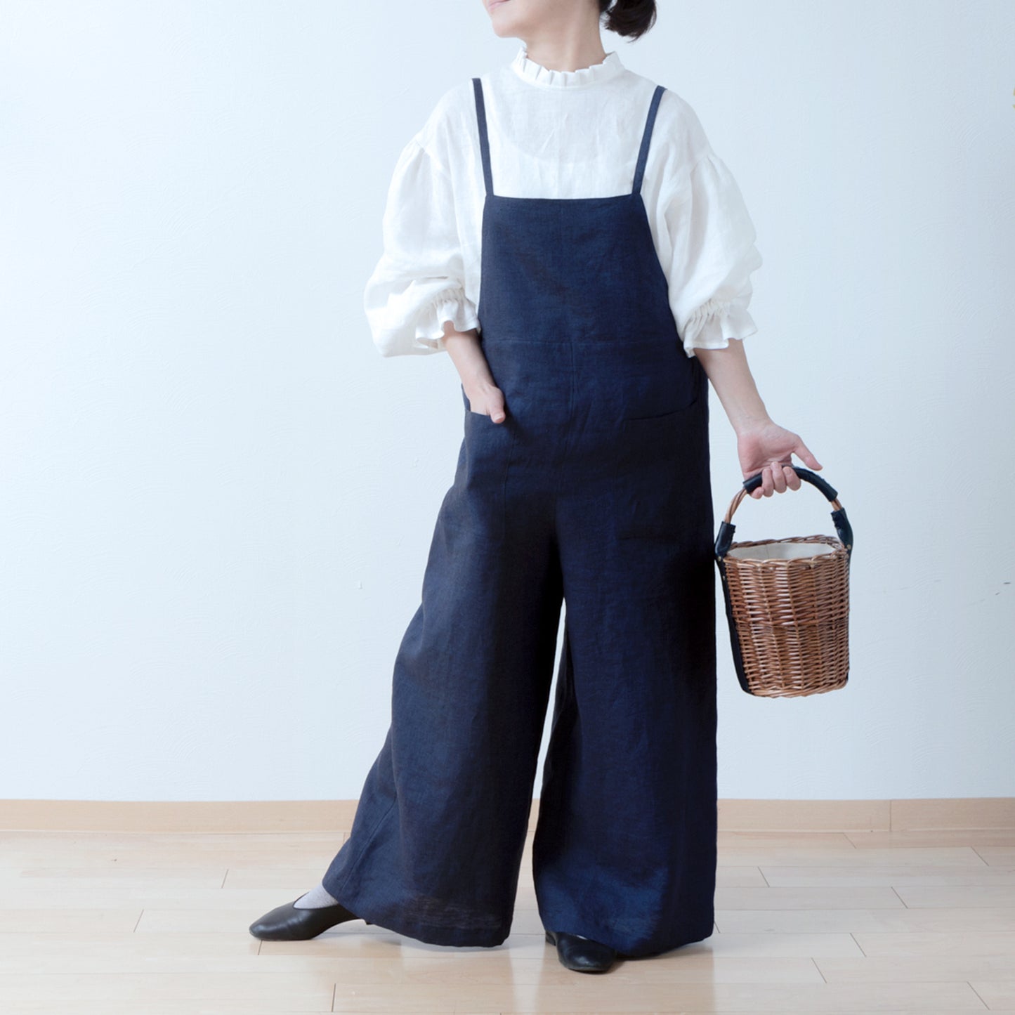 成人寬鬆可愛工裝褲 - 亞麻/海軍藍錢布雷