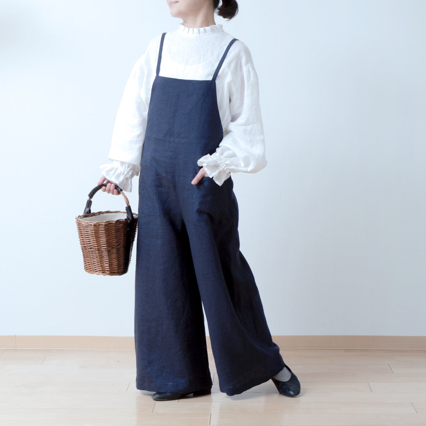 成人寬鬆可愛工裝褲 - 亞麻/海軍藍錢布雷