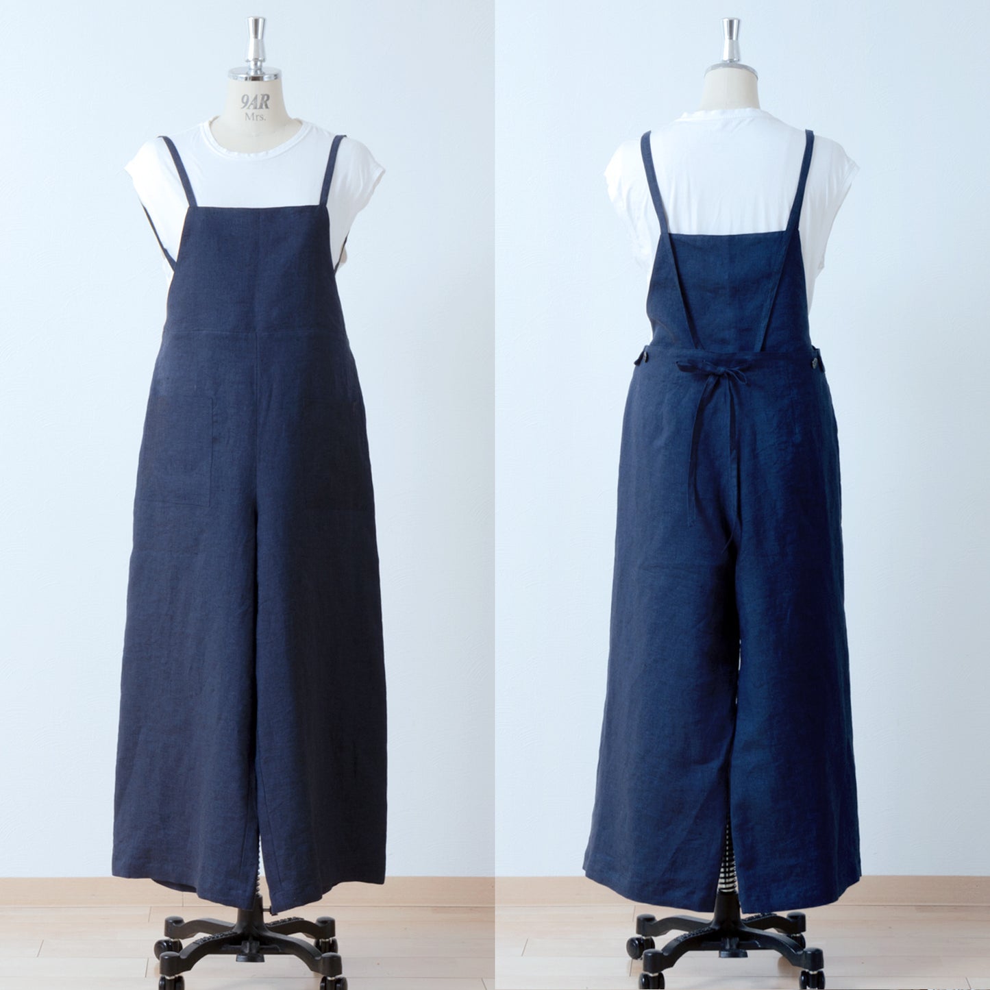 成人寬鬆可愛工裝褲 - 亞麻/海軍藍錢布雷