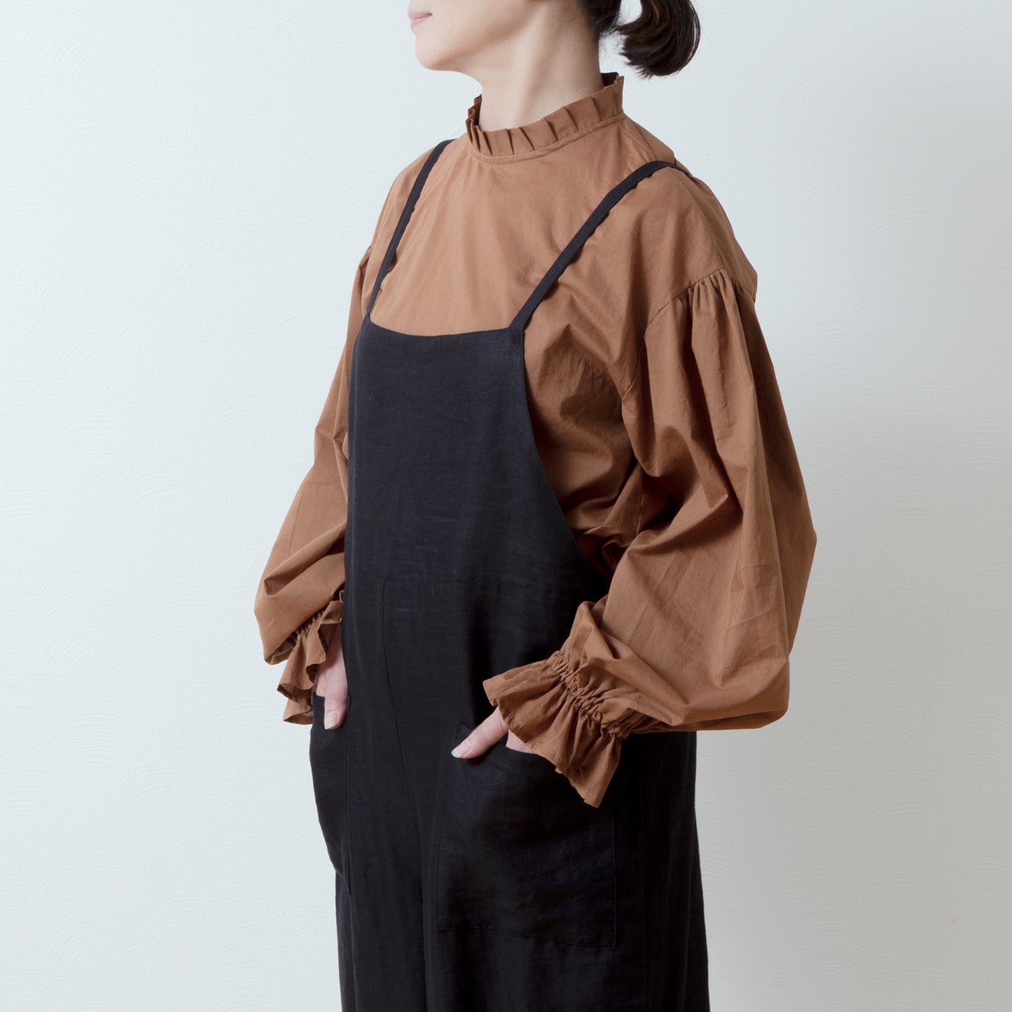Elegant tuck frill collar *Perfect for ceremonies* Back covered button gathered sleeve cotton blouse/camel