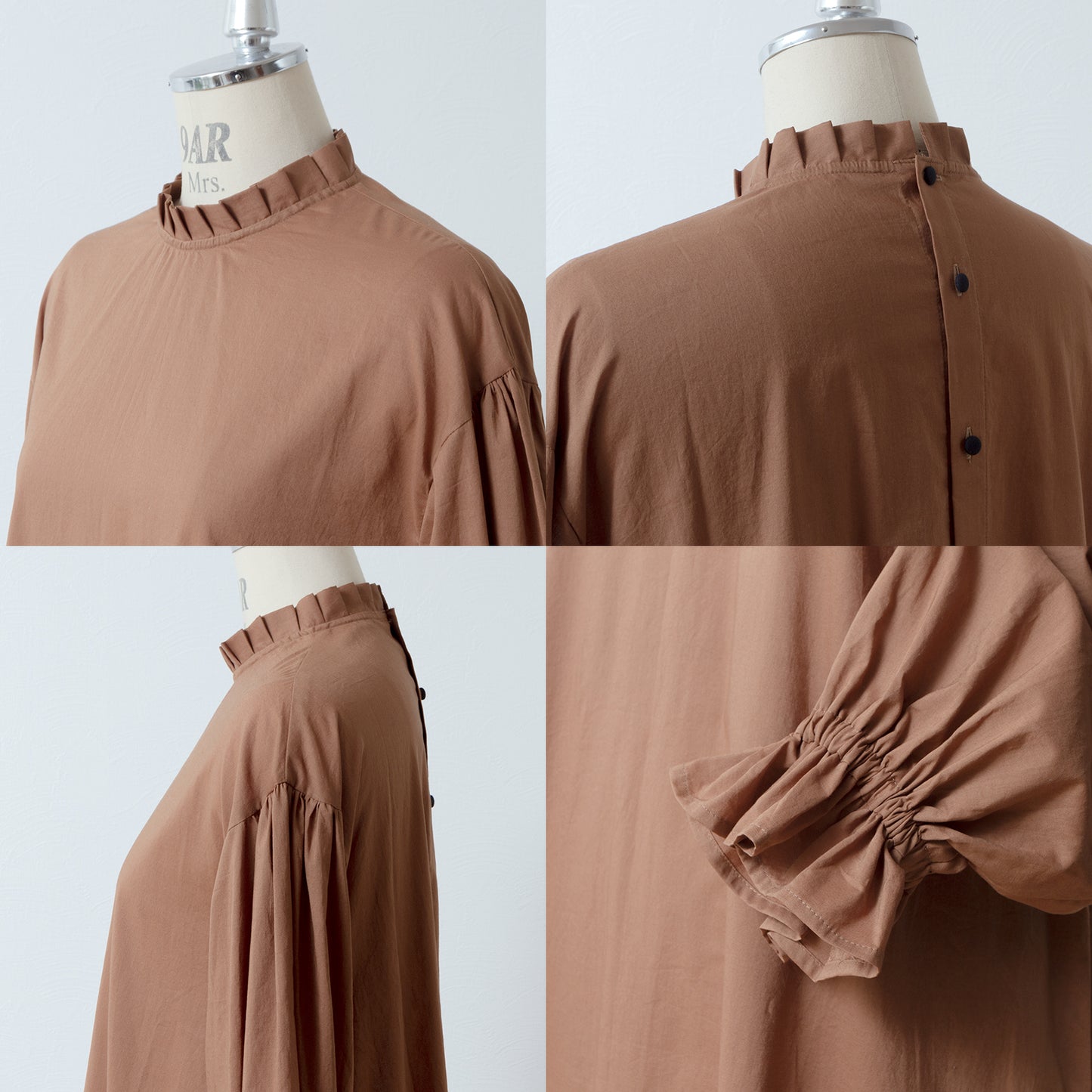 Elegant tuck frill collar *Perfect for ceremonies* Back covered button gathered sleeve cotton blouse/camel