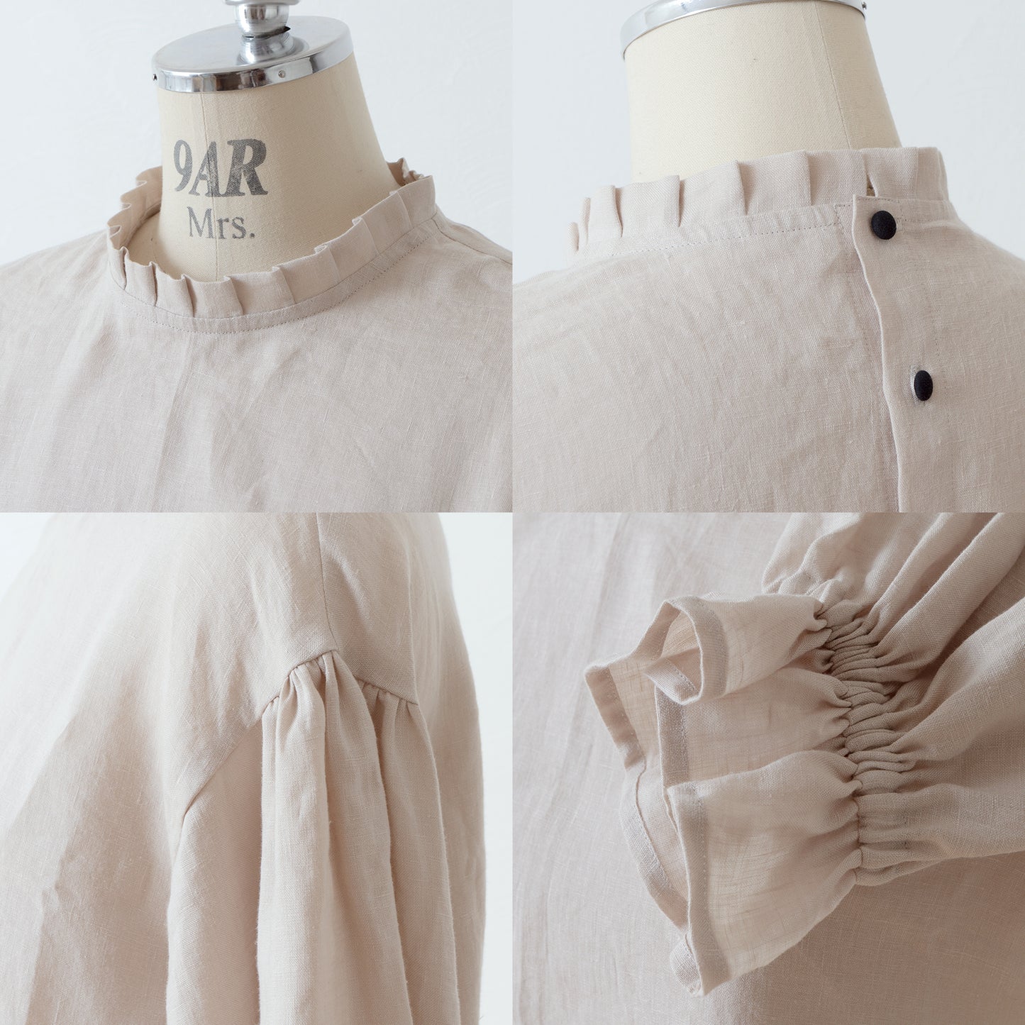 優雅的褶邊領 *NaturiLa 雜誌推薦* 後蓋紐曼扣褶袖 A 字形亞麻連身裙/米色