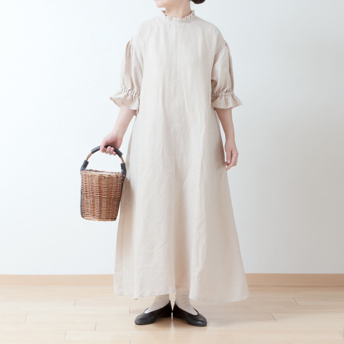 Elegant tuck frill collar *Perfect for ceremonies* Back covered button gathered sleeve A-line linen dress 5/8 sleeves/beige