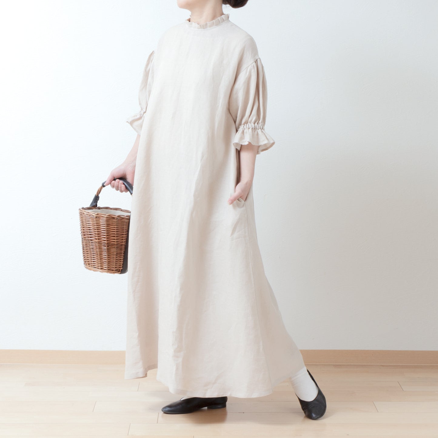 Elegant tuck frill collar *Perfect for ceremonies* Back covered button gathered sleeve A-line linen dress 5/8 sleeves/beige